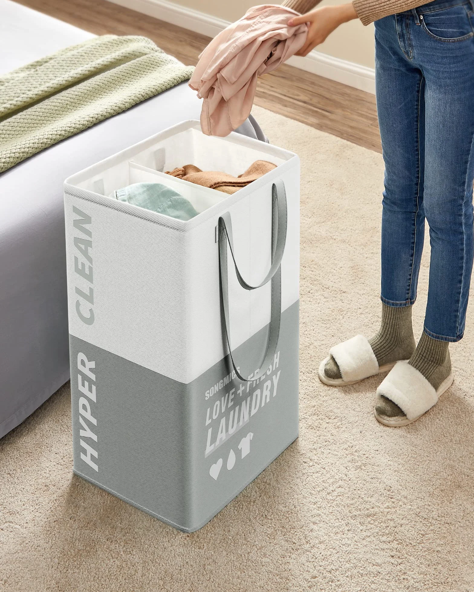 SONGMICS LCB209G12 Duży kosz na pranie, 90 l, z 2 przegródkami, wolnostojący, składany, z podwójnym uchwytem, do sypialni, łazienki, 2 szt., jasnoszary