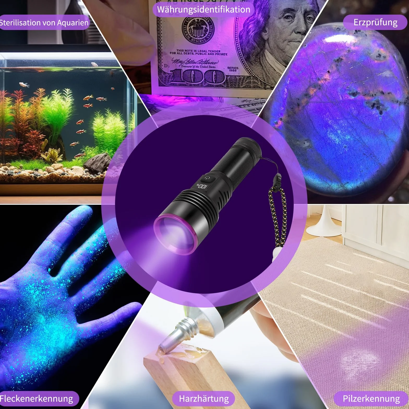Latarka UV, 20 W, czarne światło, 365 nm, wodoszczelna latarka LED, ładowana, 5000 mAh, światło UV, do wykrywania moczu zwierząt domowych, bursztynu, skorpiona, minerałów, podróży, nad łóżkiem