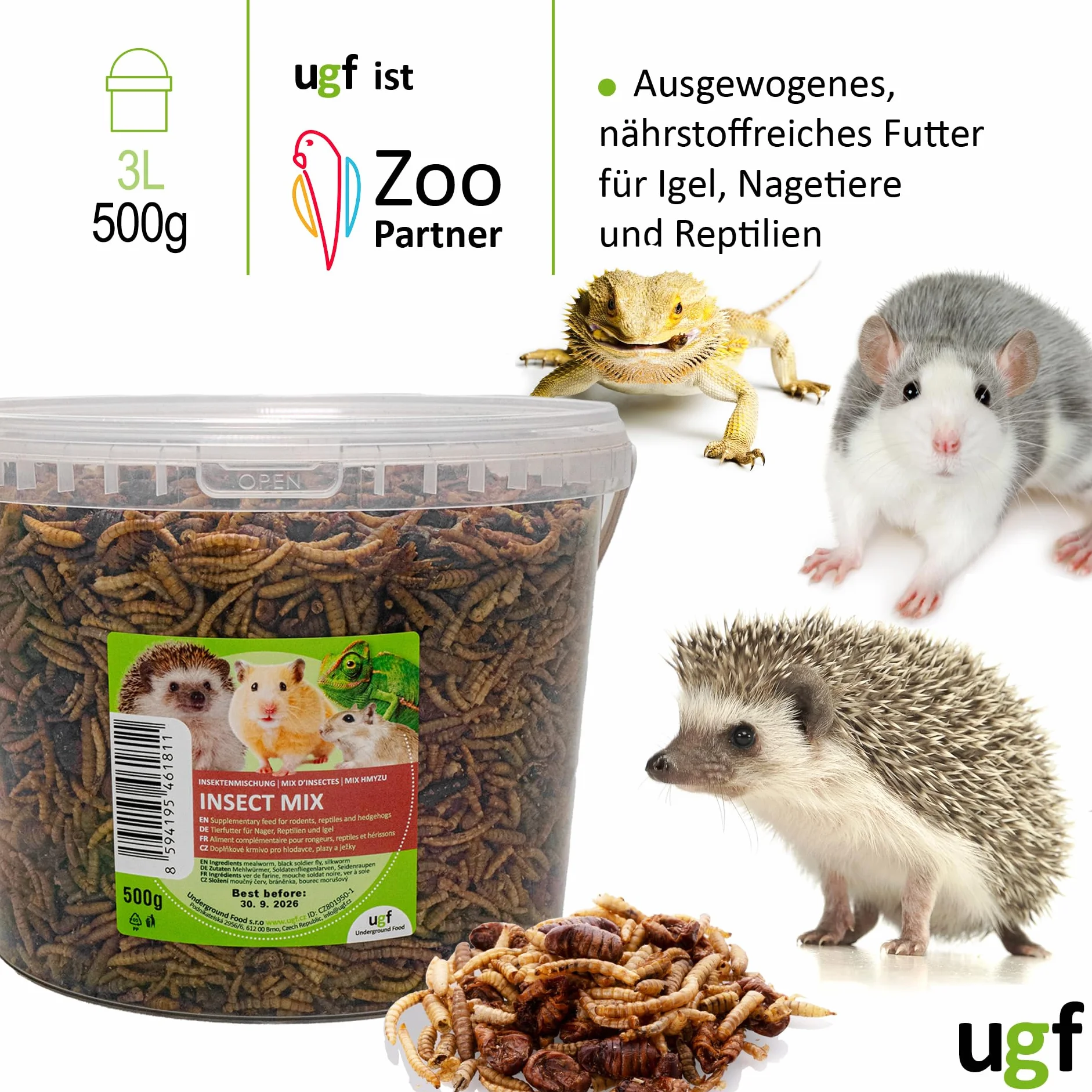 UGF - Mieszanka owadów - 500 g w wiadrze 3-litrowym, pokarm dla jeży, pokarm dla myszoskoczków, chomików, szczurów, jaszczurek - mączniki, larwy muchy żołnierskiej, jedwabniki