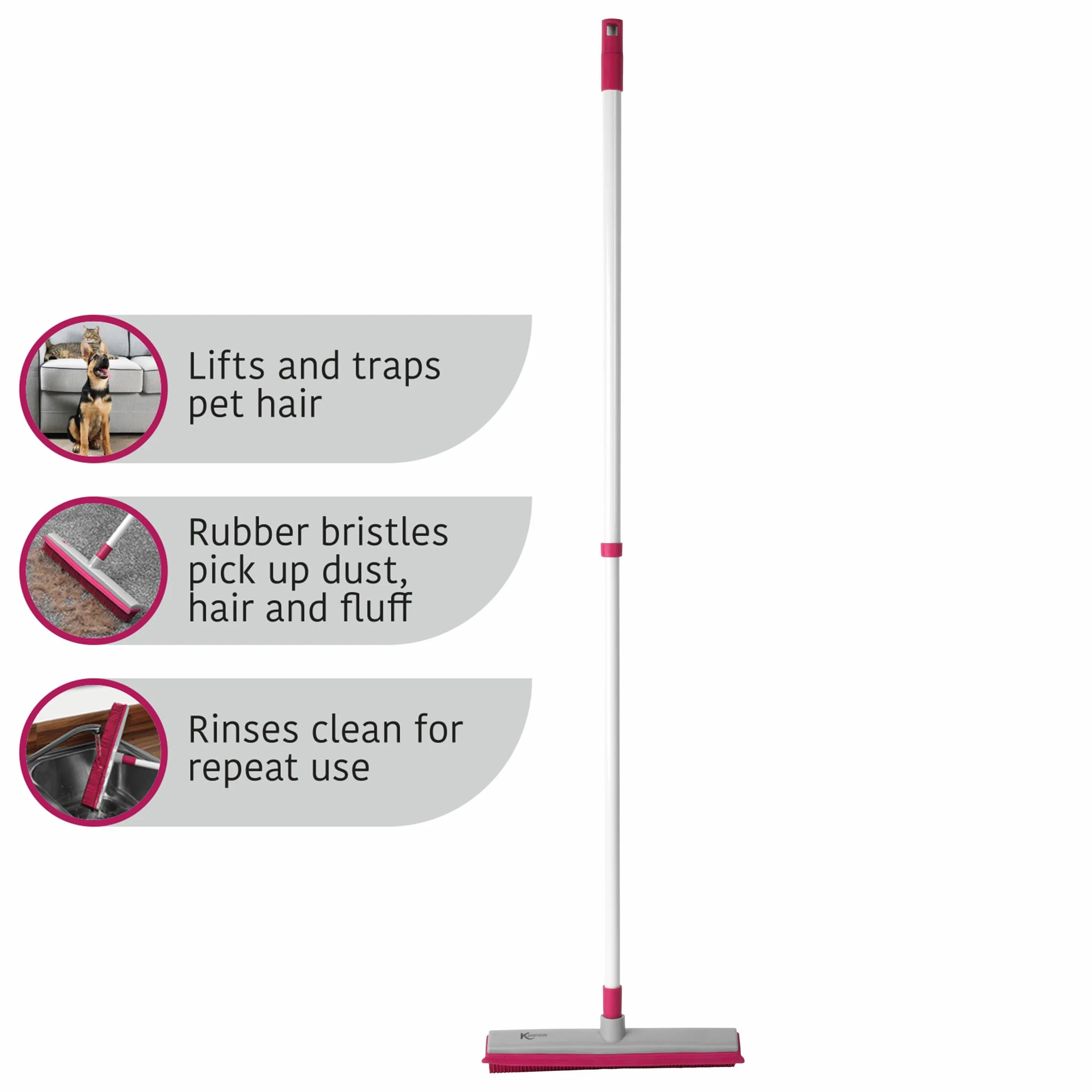 Kleeneze KL065315EU Electrostatic Rubber Head Floor Broom with Squeegee Edge, Sweeping Brush For Pet Hair, Fine Dust, Dirt and Spillages, Pink/Grey