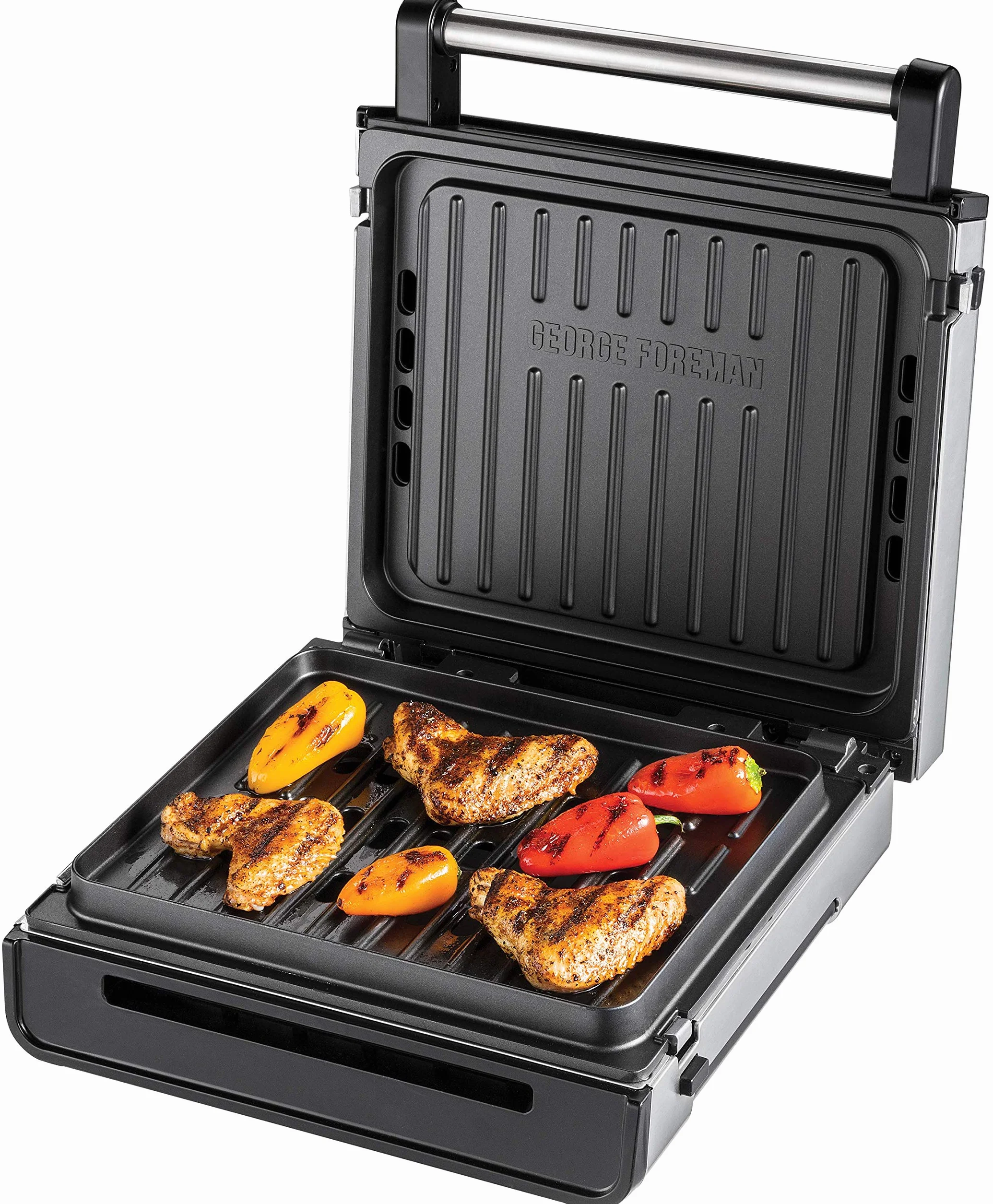 George Foreman grill elektryczny, bezdymny, kontaktowy, redukujący ilość tłuszczu, redukuje ilość dymu, płyta nieprzywierająca, moc 1500W, stalowy, srebrny, 28000-56