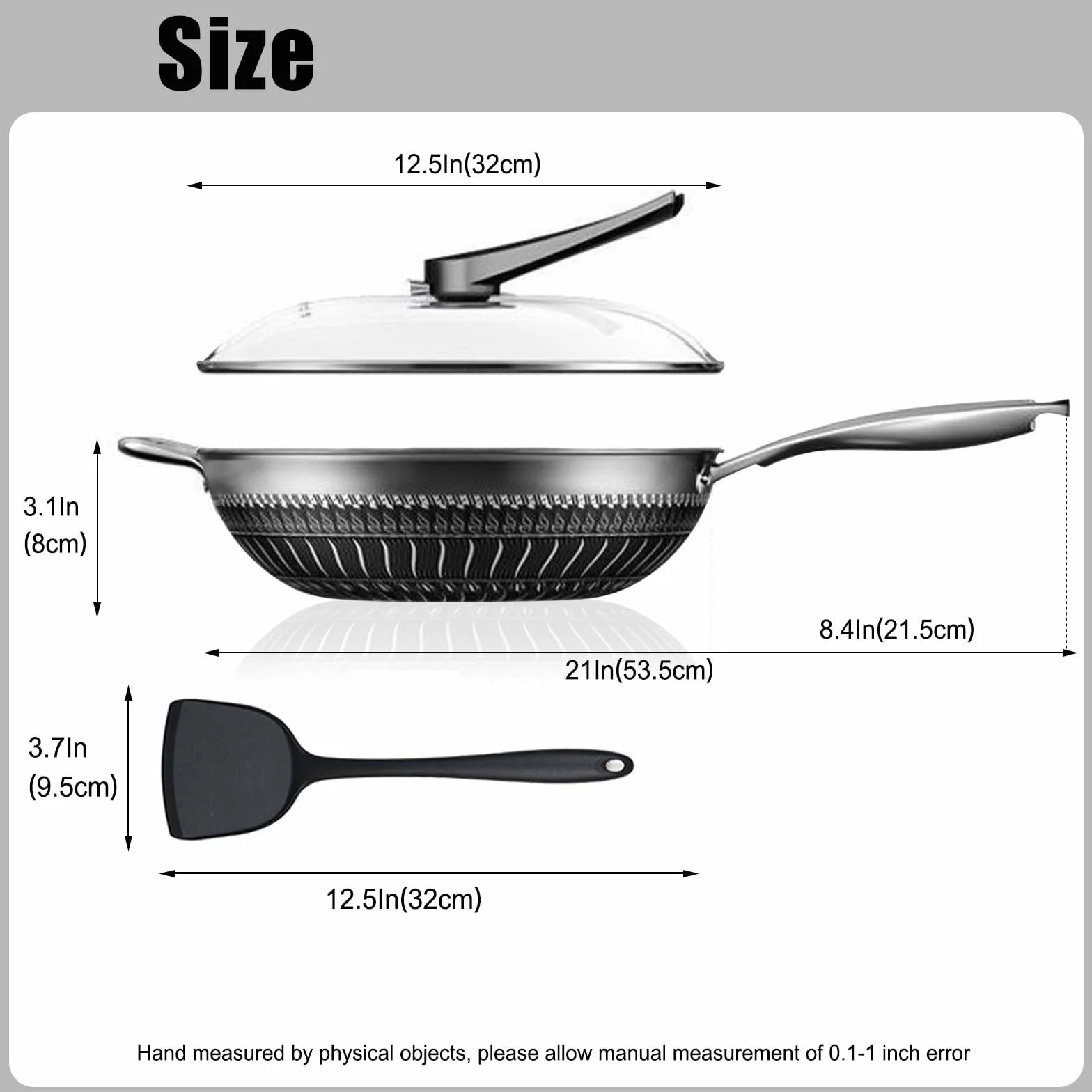 Hybrydowa patelnia do smażenia 32 cm z pokrywką i szpatułką, nieprzywierająca, z pokrywającym się zimnym szpatułką, indukcyjna, kompatybilna z elektrycznymi płytami