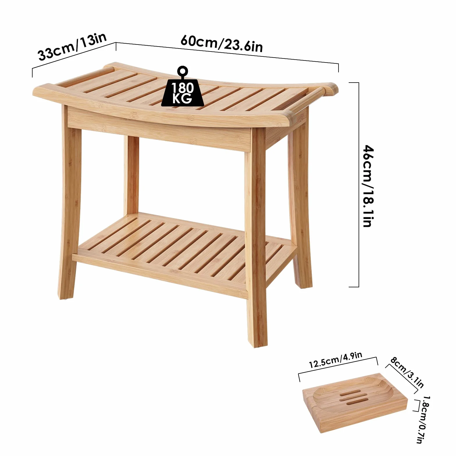 HOCSOK Taboret Bambusowy, ławka do siedzenia, stołek prysznicowy, wodoodporny, antypoślizgowy, 2 poziomy, do domu, łazienki, ogrodu, balkonu, 60 x 33 x 46 cm, meble łazienkowe, kolor