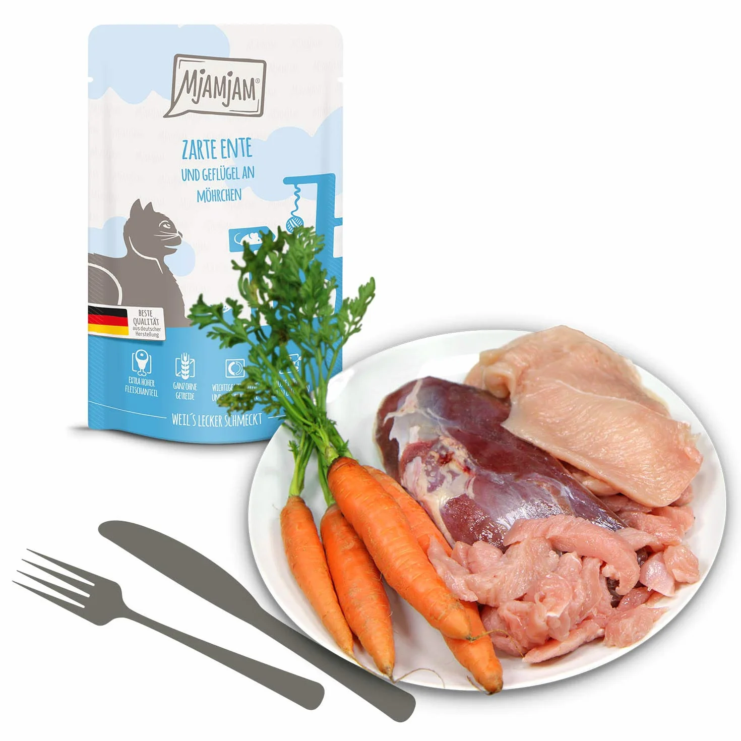 MjAMjAM - Mokra karma Premium dla kotów - Quetschie - delikatna kaczka z kurczakiem z dodatkiem pysznej marchewki, 12-pak (12 x 125g), bezzbożowa z dodatkowym mięsem