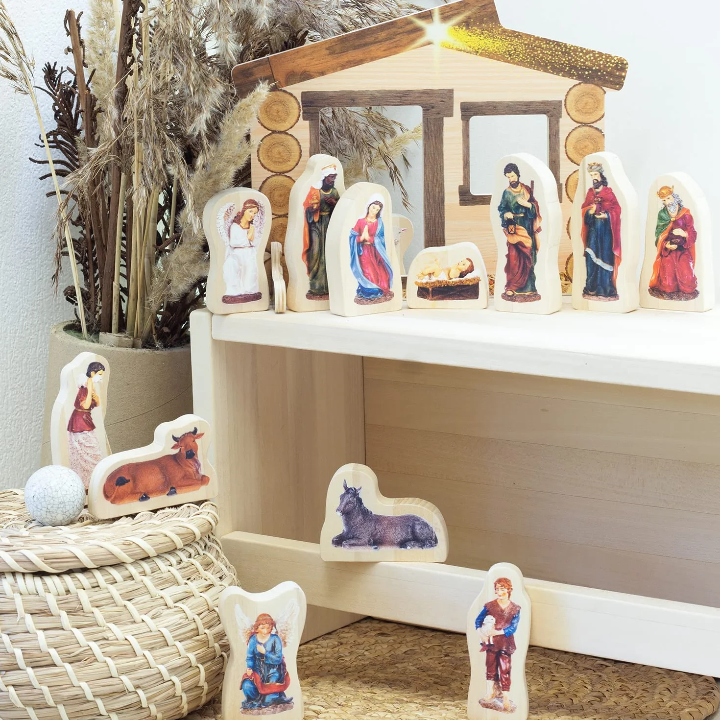 Ulanik Pamiątka 14 sztuk Drewniane Boże Narodzenie szopka Zestaw Home Decor Kolekcja dla kryty wyświetlacz Christmas Story dekoracji