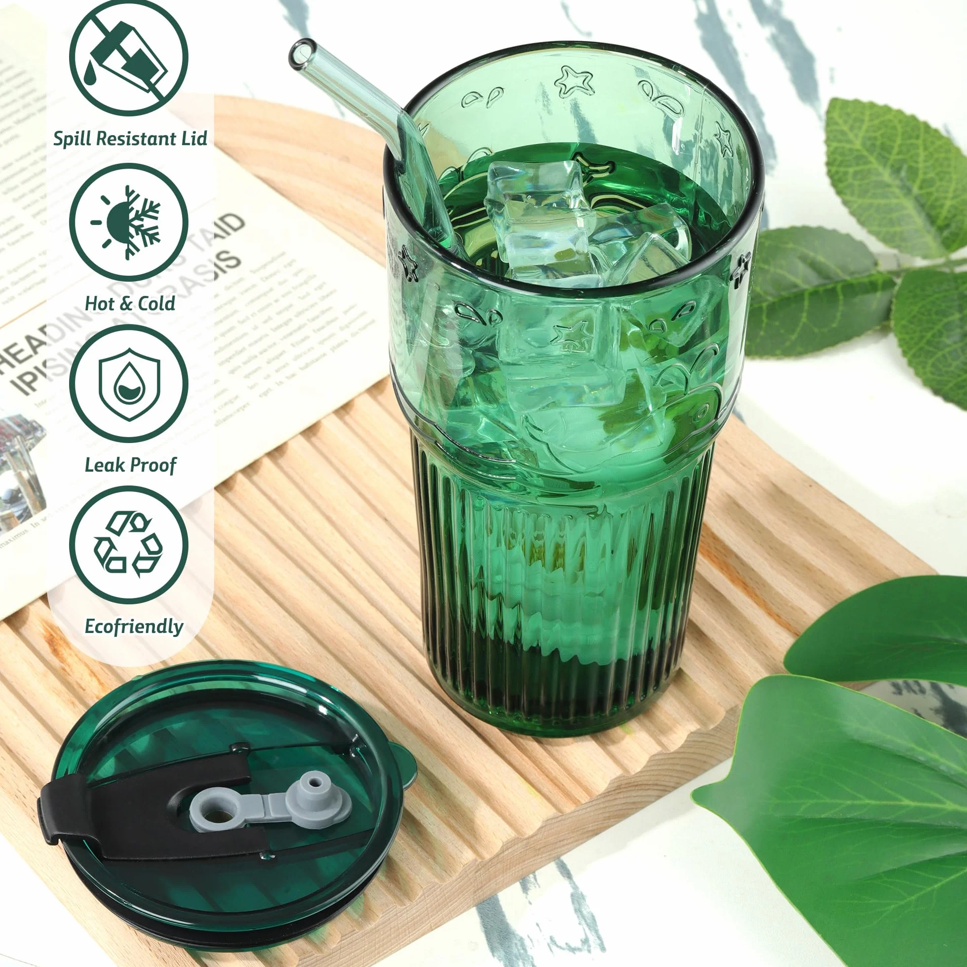 Joeyan 550 ml zielony szklany kubek ze słomką i pokrywką, zestaw 2 żebrowanych szklanych słoików do jazdy z wytłoczonym wzorem wieloryba, szklane szklanki do wody ze słomką do smoothie, lodowej kawy,