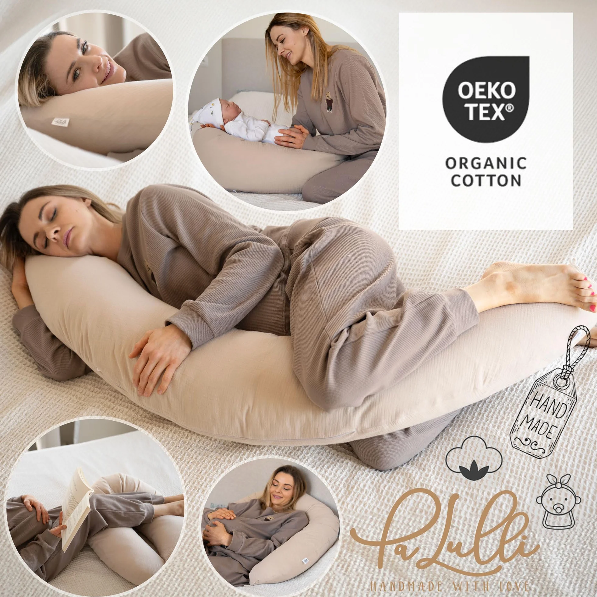 PaLulli® Ergonomiczna poduszka do karmienia XXL 190 x 30 cm, z poszewką z bawełny bio-muślinowej – idealna poduszka dla kobiet w ciąży i do spania na boku, komfort i wsparcie dla dorosłych i matek