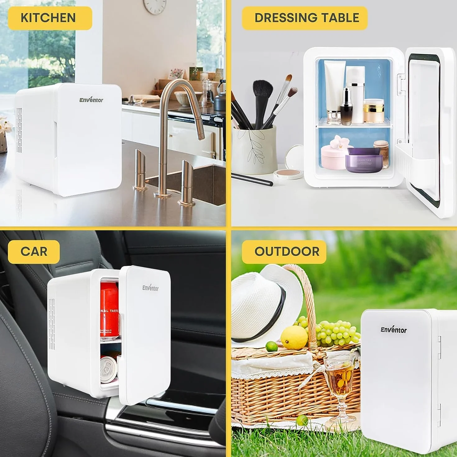Enventor Mini Lodówka 4 litry, 6 puszek Mini lodówki do sypialni, AC+12V DC, Chłodnice i grzejniki, przenośna mała lodówka do samochodu, podróży, kosmetyków, napojów, owoców, biała