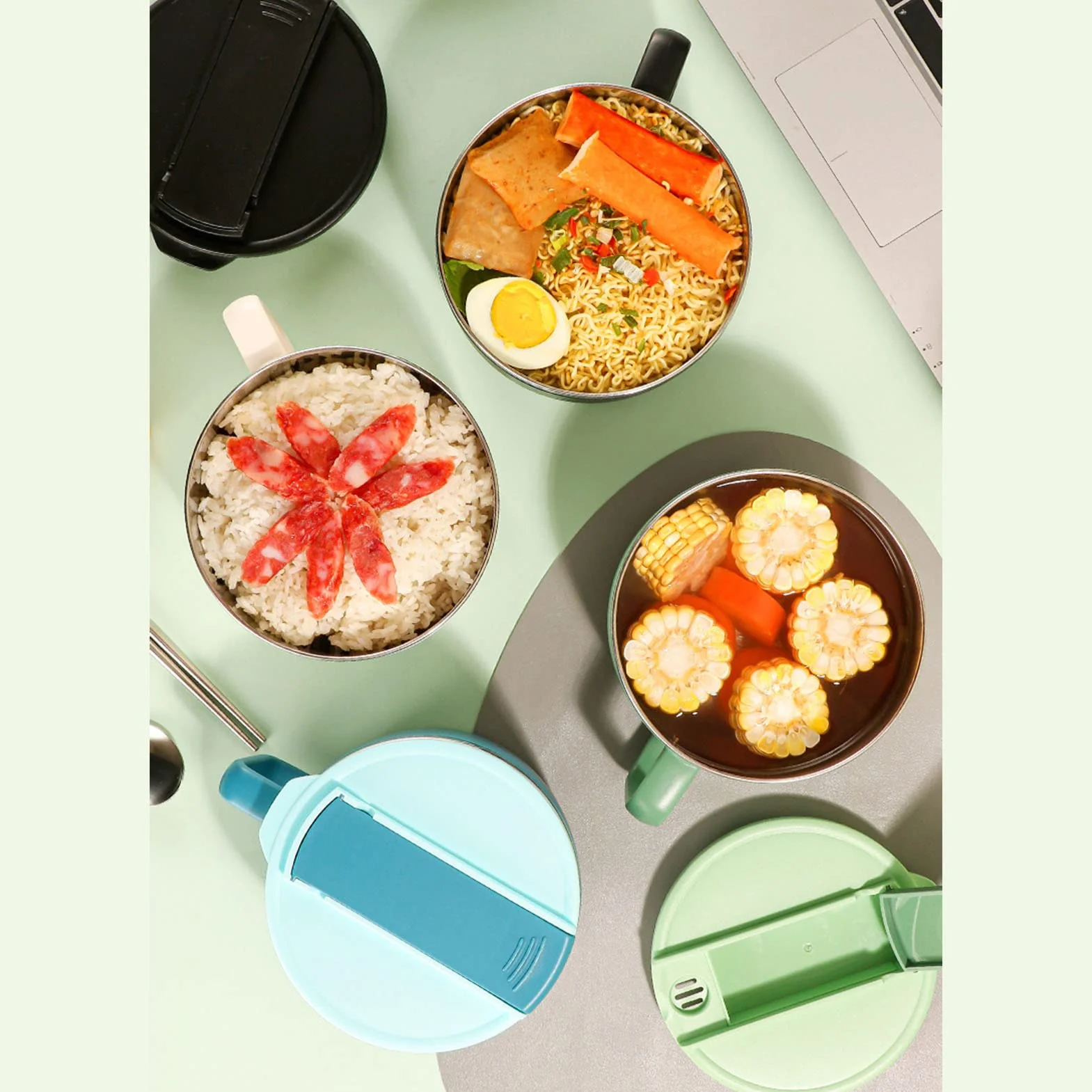 Mikrofalowa Miska na Makaron, Wielofunkcyjna Miska do Gotowania Ramen 1200 Ml 304 ze Stali Nierdzewnej i ABS Gniazdo na Telefon z Pałeczkami i Widelcem do Biura (Czarny)