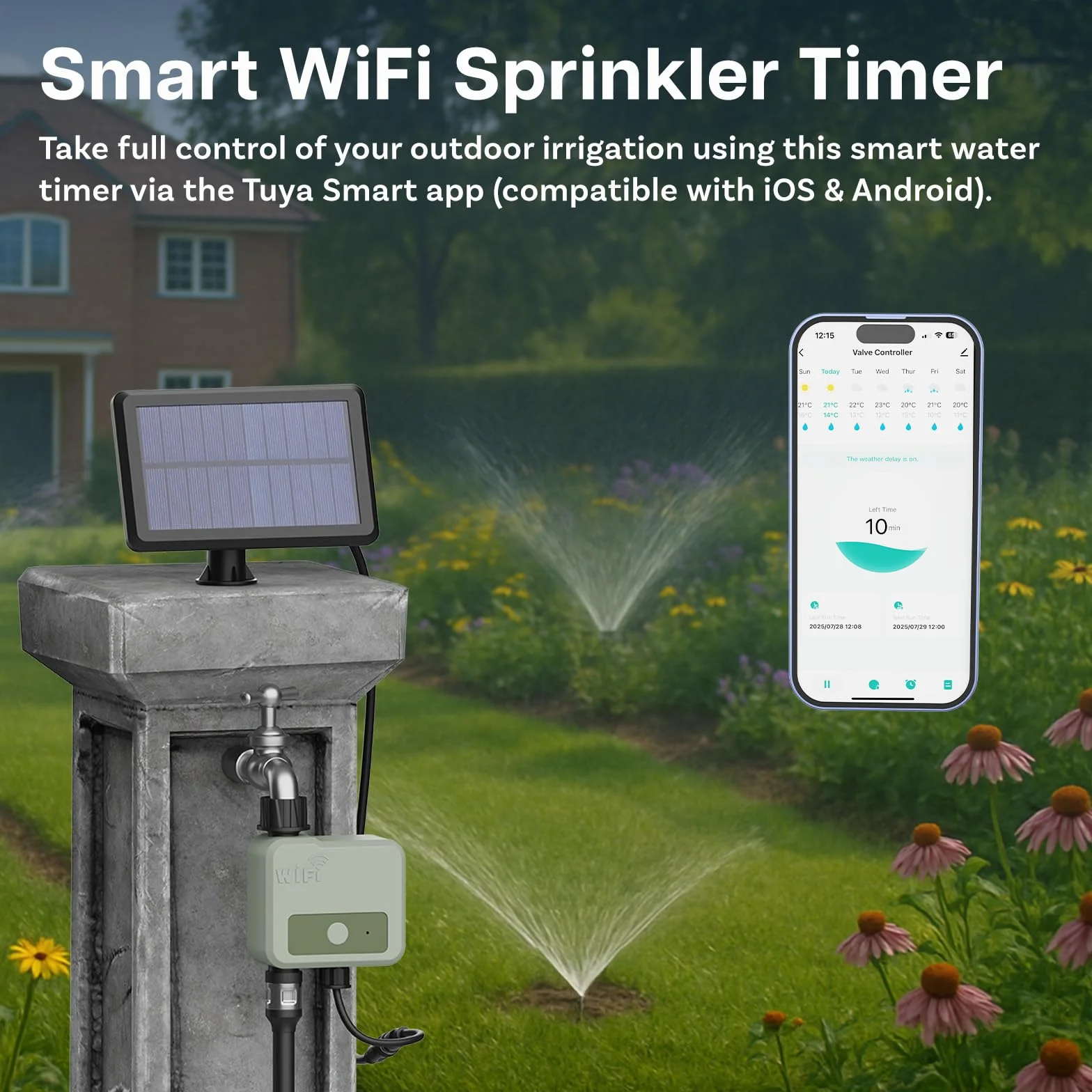 Smart WiFi Programator Nawadniania firmy MMOBIEL – Cyfrowy Timer Zasilany Solarnie i USB - Zasięg Bezprzewodowy 30m, Programowanie Automatyczne, Wodoodporny, Opóźnienie Deszczu - Łatwa Instalacja