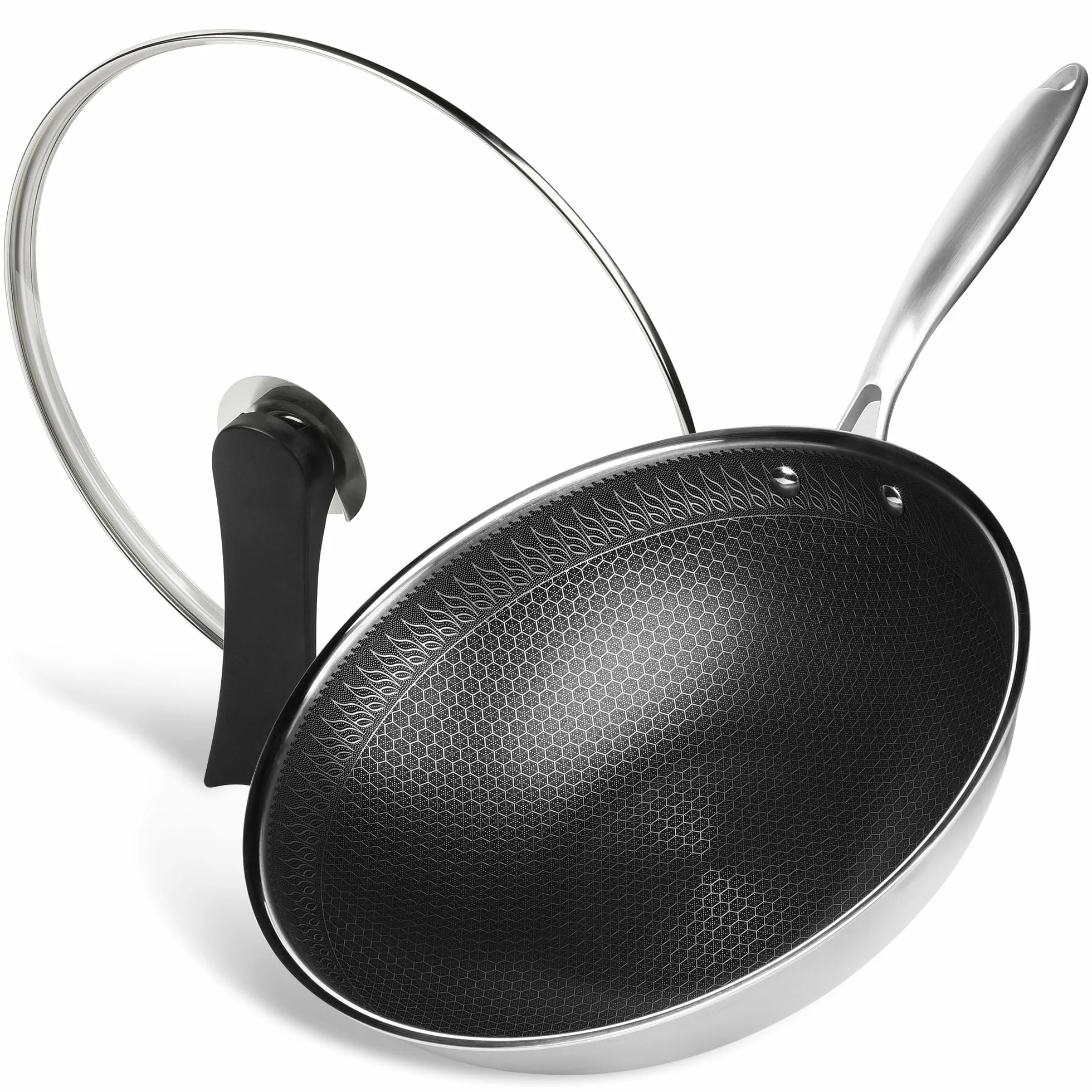 RIOVARM Wok ze stali nierdzewnej 32 cm, z pokrywką, powłoka zapobiegająca przywieraniu, płaskie dno, trójwarstwowa struktura plastra miodu, nadaje się do mycia w zmywarce, do piekarnika, działa z