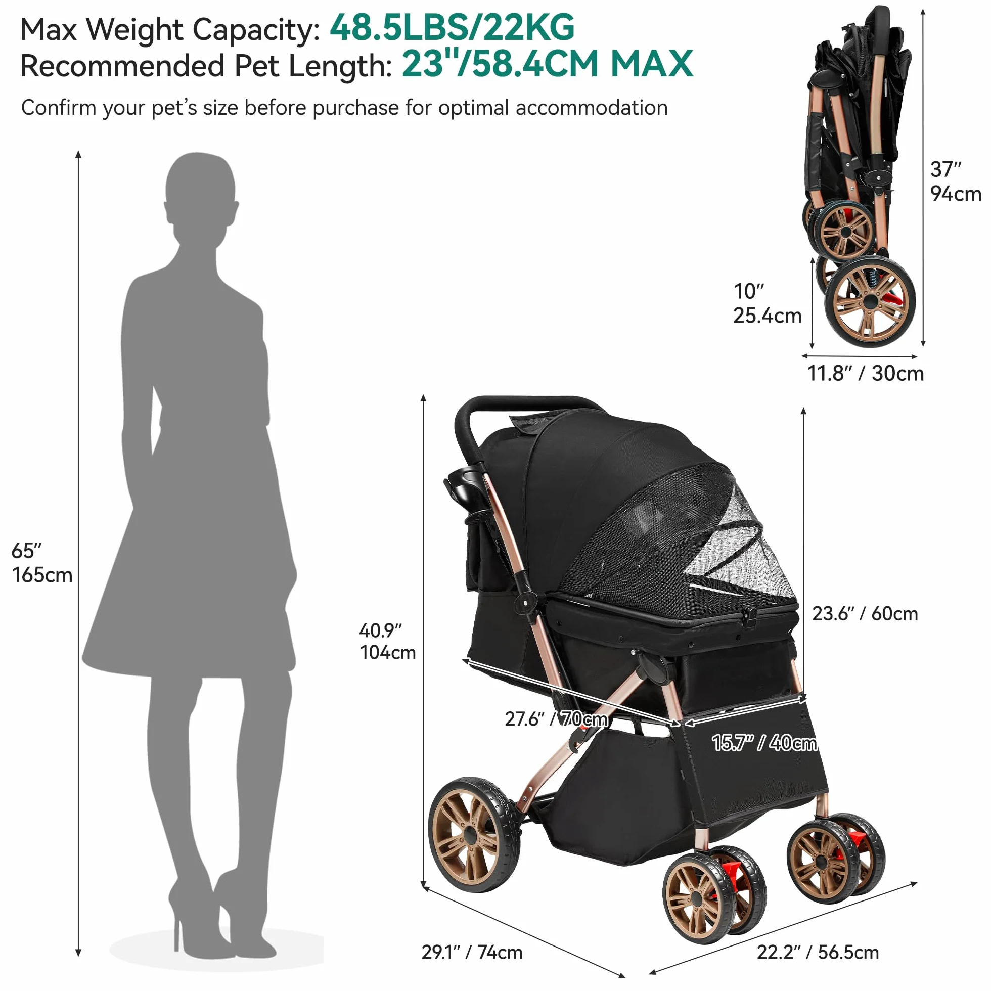 YITAHOME Składany wózek dla psa 20 kg, przenośny jogger dla zwierząt (czarny)