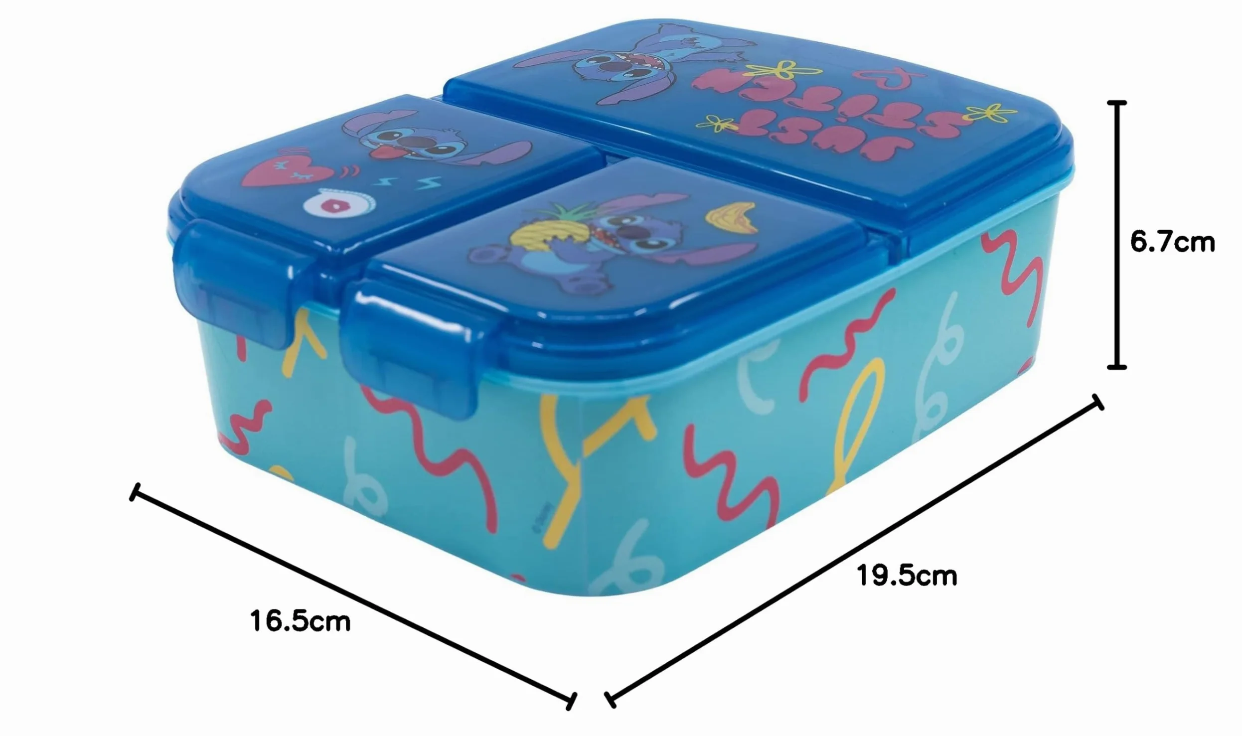 Stor Dziecięce pudełko kanapkowe Disney Stitch z plastikowymi przegrodami, bez BPA, nadające się do prania i wielokrotnego użytku, nie nadaje się do zmywarek i kuchenek mikrofalowych