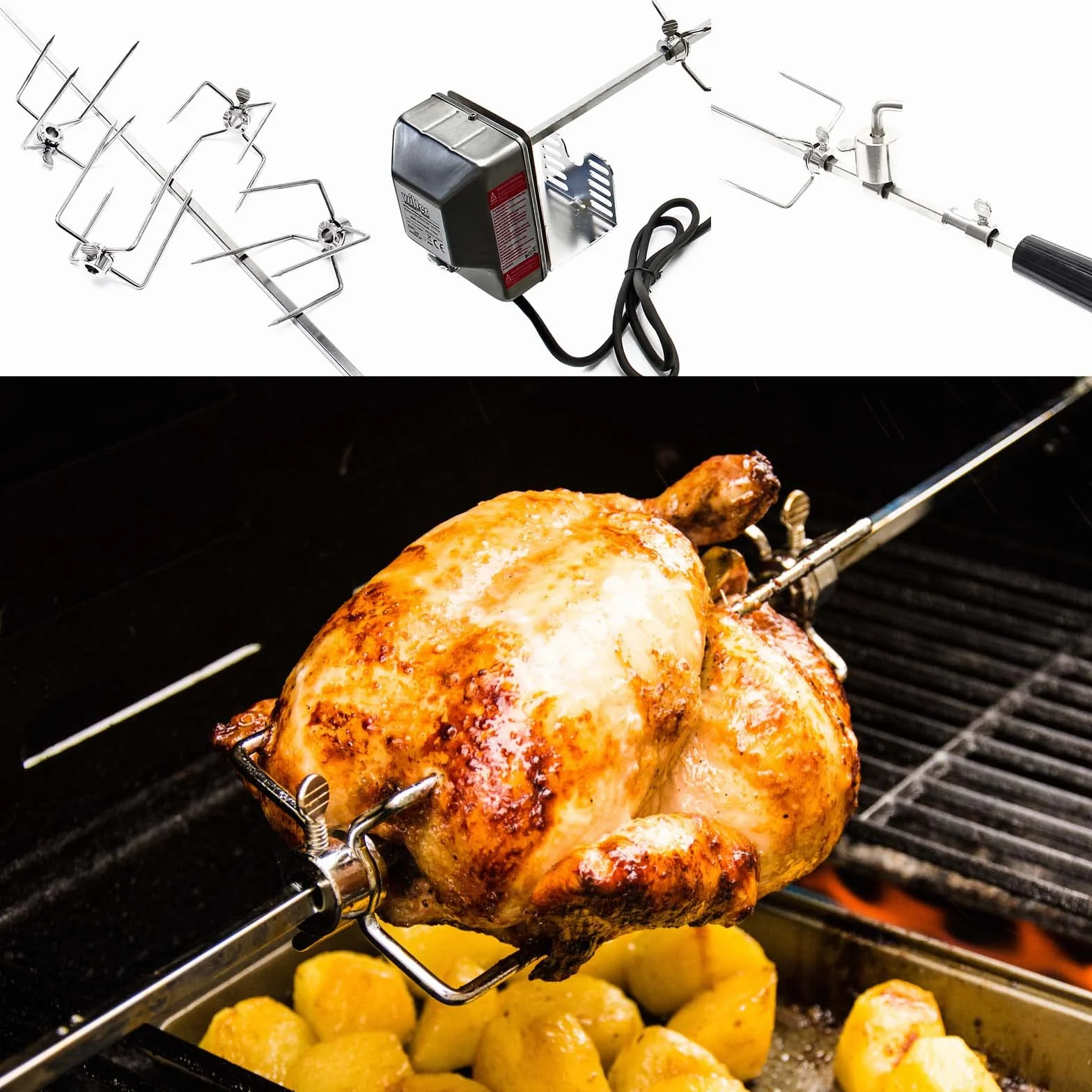 BBQ rożen obrotowy 110cm 230V ze stali nierdzewnej z 4 hakami i przeciwwagą do mięsa na ruszcie