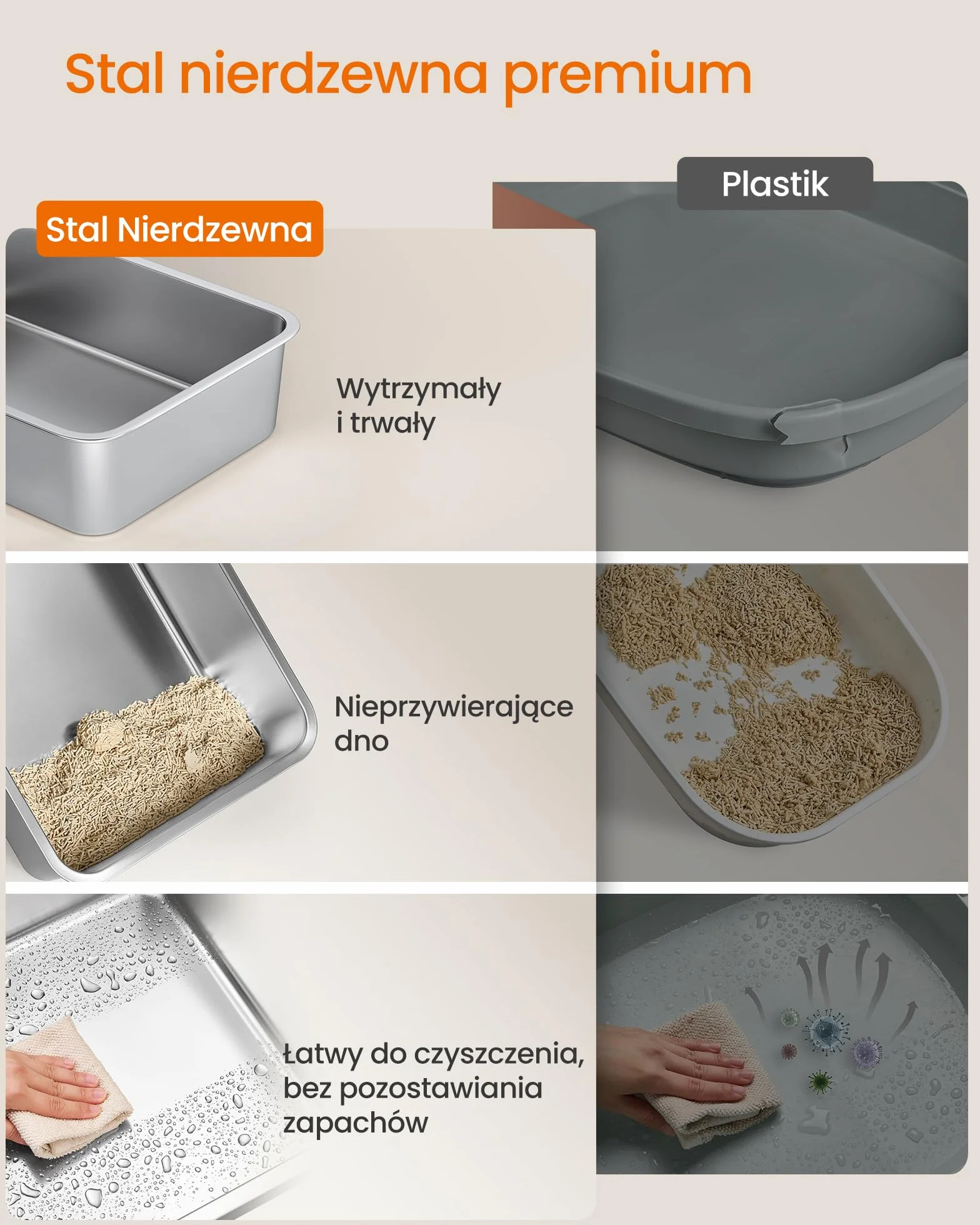 Feandrea Kuweta dla kota ze stali nierdzewnej, otwarta, wysokie boki, stopień, łopatka i szczotka, do 15 kg, gołębia szarość