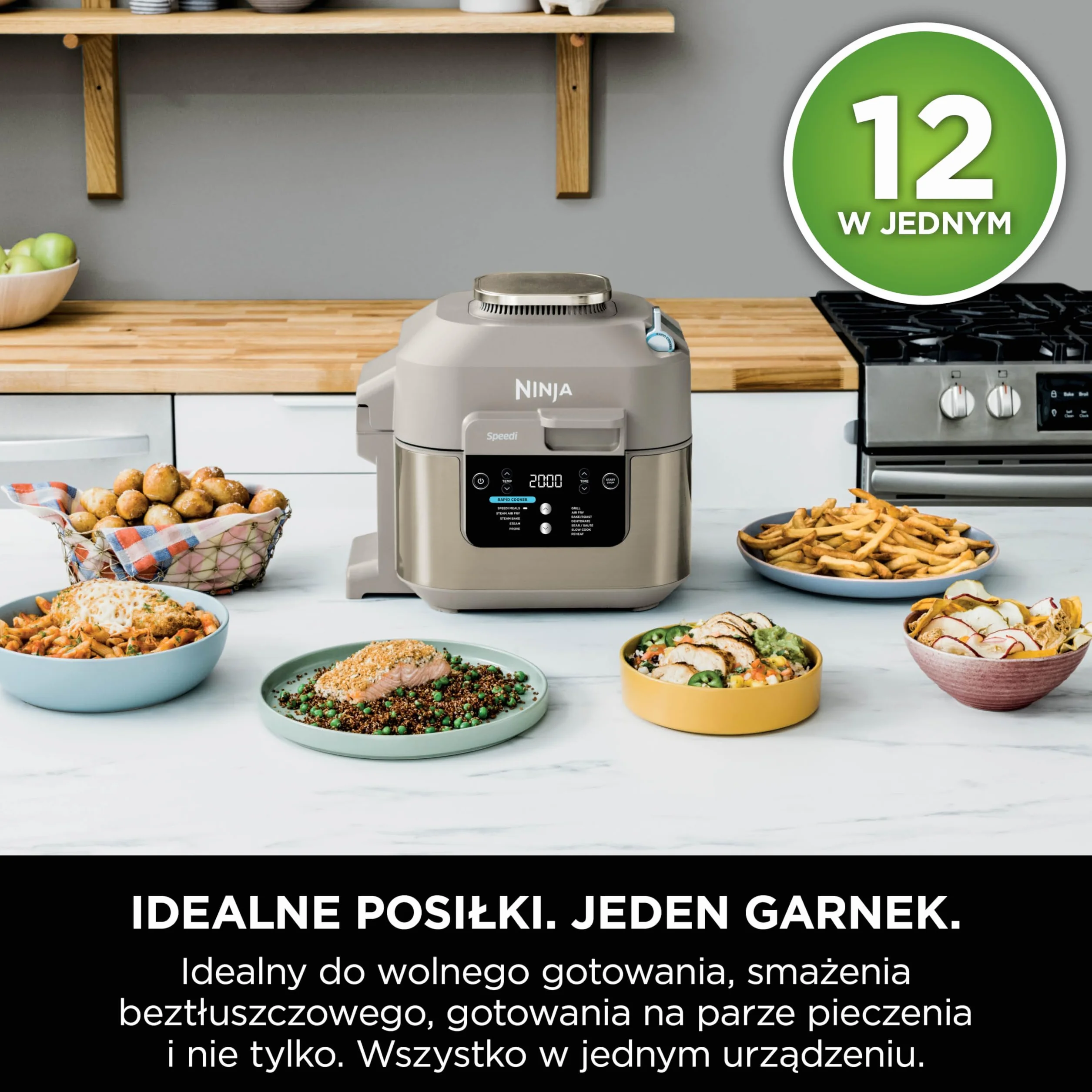 Ninja Speedi 10 w 1, frytkownica beztłuszczowa i multicooker, 5,7 l, parowar, grill, ciasta, pieczenie, smażenie, wolnowar, posiłki dla 4 osób w 15 minut, zzłoty odcień kamienia, ON500EUSTGD