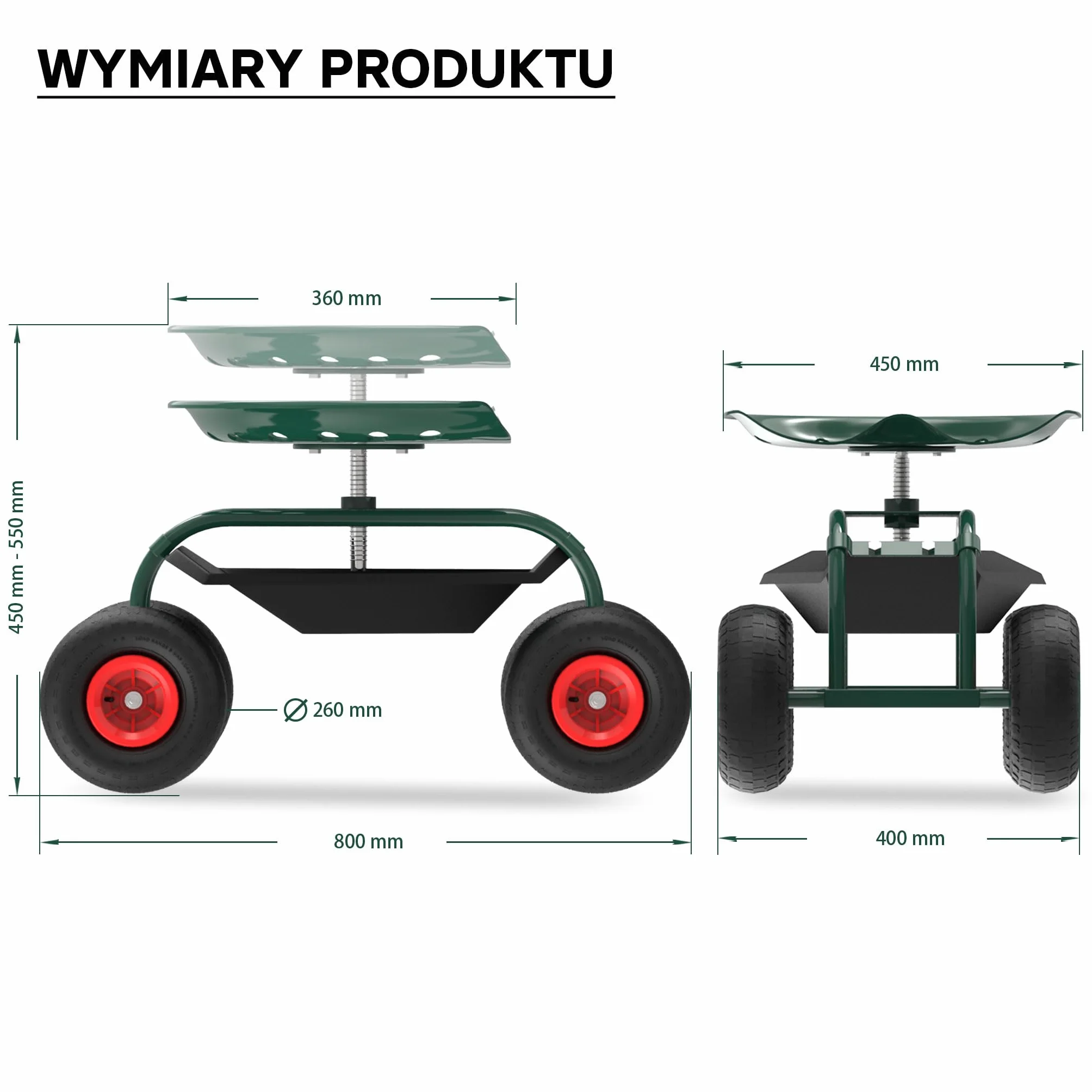 Wiltec Wózek ogrodowy z siedziskiem na kółkach i półką do ogrodu, taboret warsztatowy, mobilne siedzisko robocze ze stalową konstrukcją do 150 kg