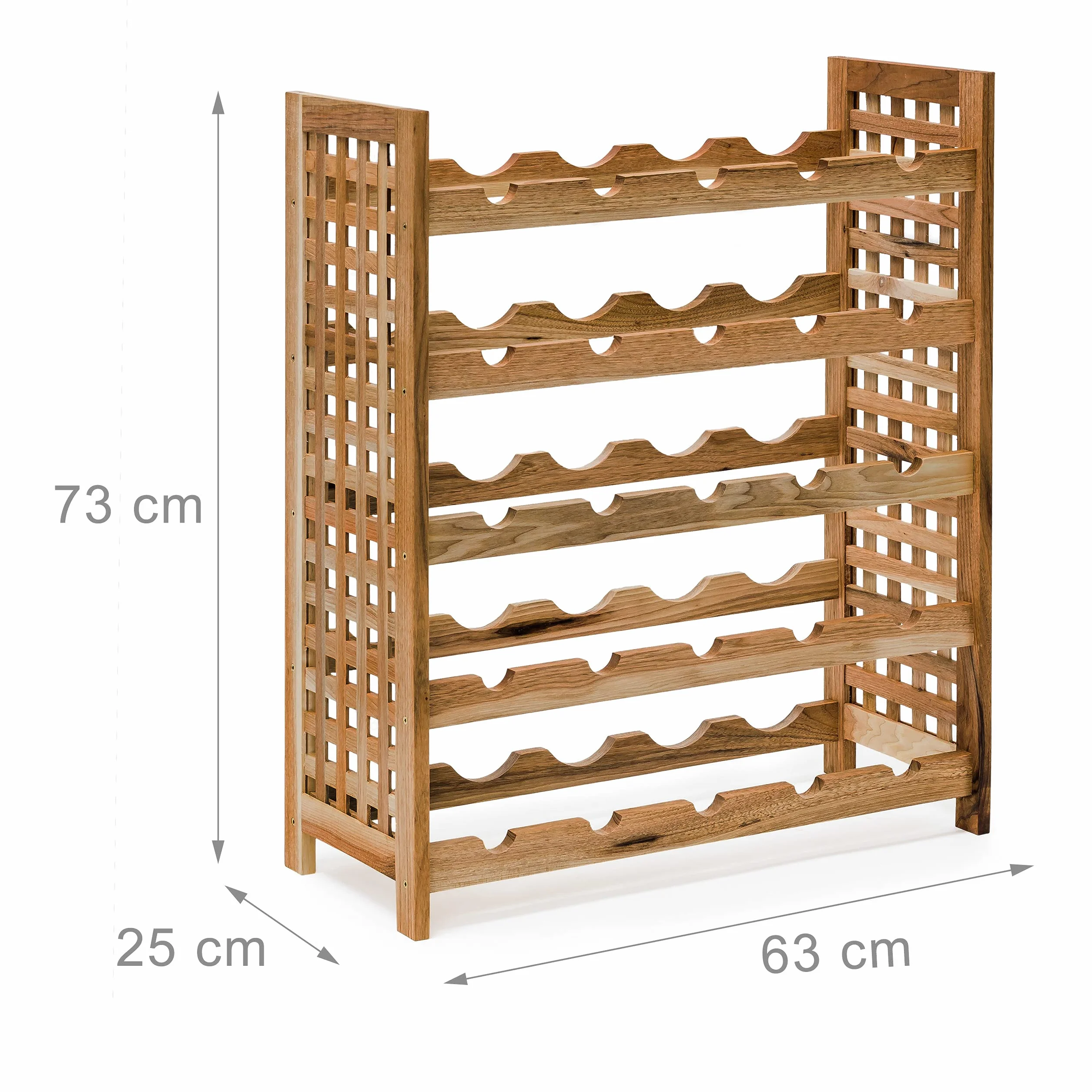 Relaxdays Stojak na wino z orzecha włoskiego na 25 butelek wina: 73 x 63 x 25 cm, drewniana półka na butelki, olejowany materiał orzechowy, 5 półek, 5 butelek na półkę, naturalny