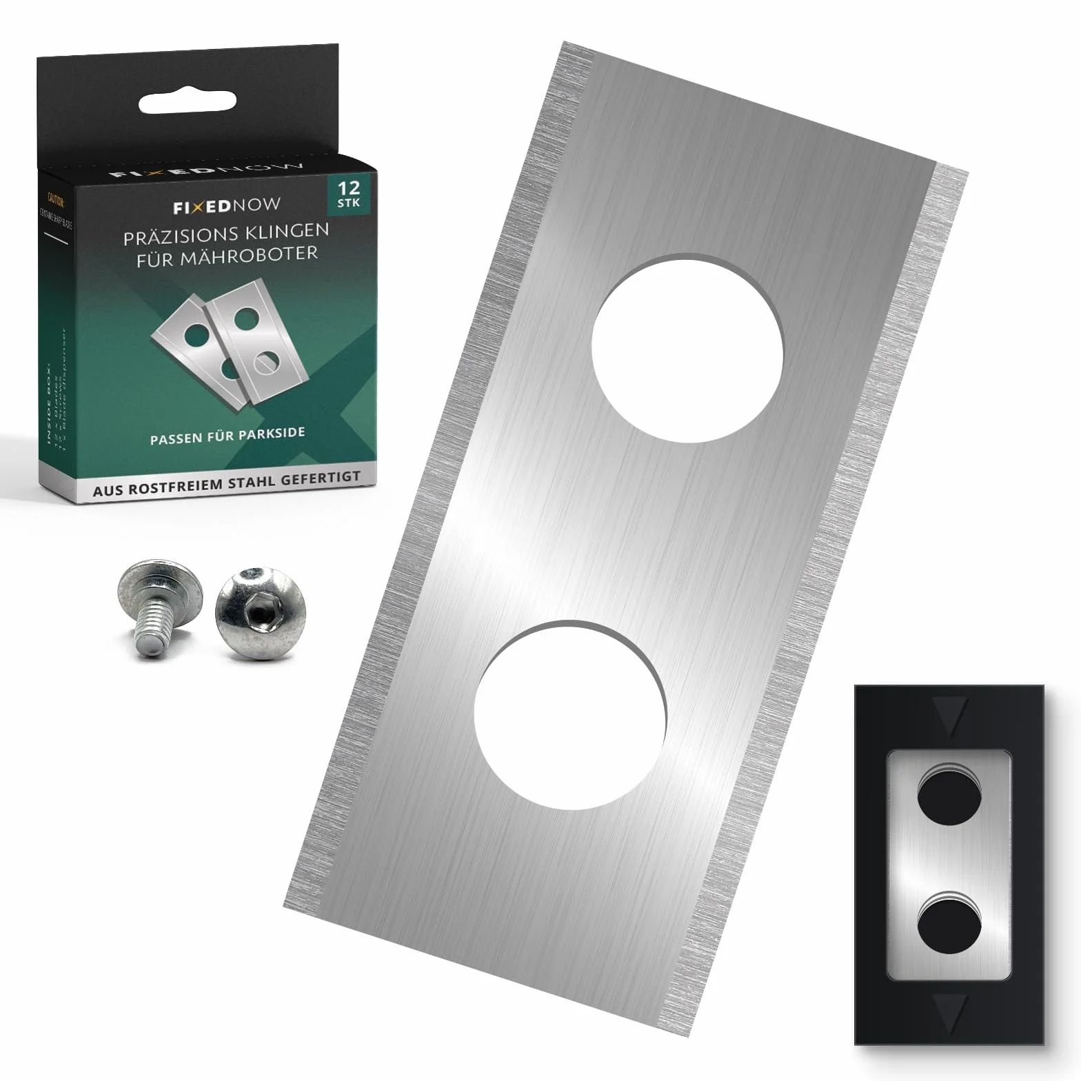 12 x Zastępcze ostrza do robotów koszących kompatybilne z robotami Parkside PAMRC 250 A1 City, PMRA 20‑Li B2, PMRDA 20‑Li B2, PAMRS 1000 A1, PAMR 500 A1, zestaw ze śrubami zamiennymi