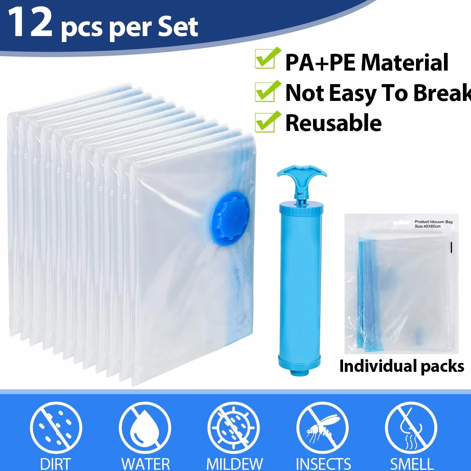 12 Worek próżniowy do ubrań - 60x40 cm, oszczędność miejsca do 80%, woreczki próżniowe z materiału PA & PE, wielokrotnego użytku, z ręczną pompą w zestawie, Ventil und Handpumpe