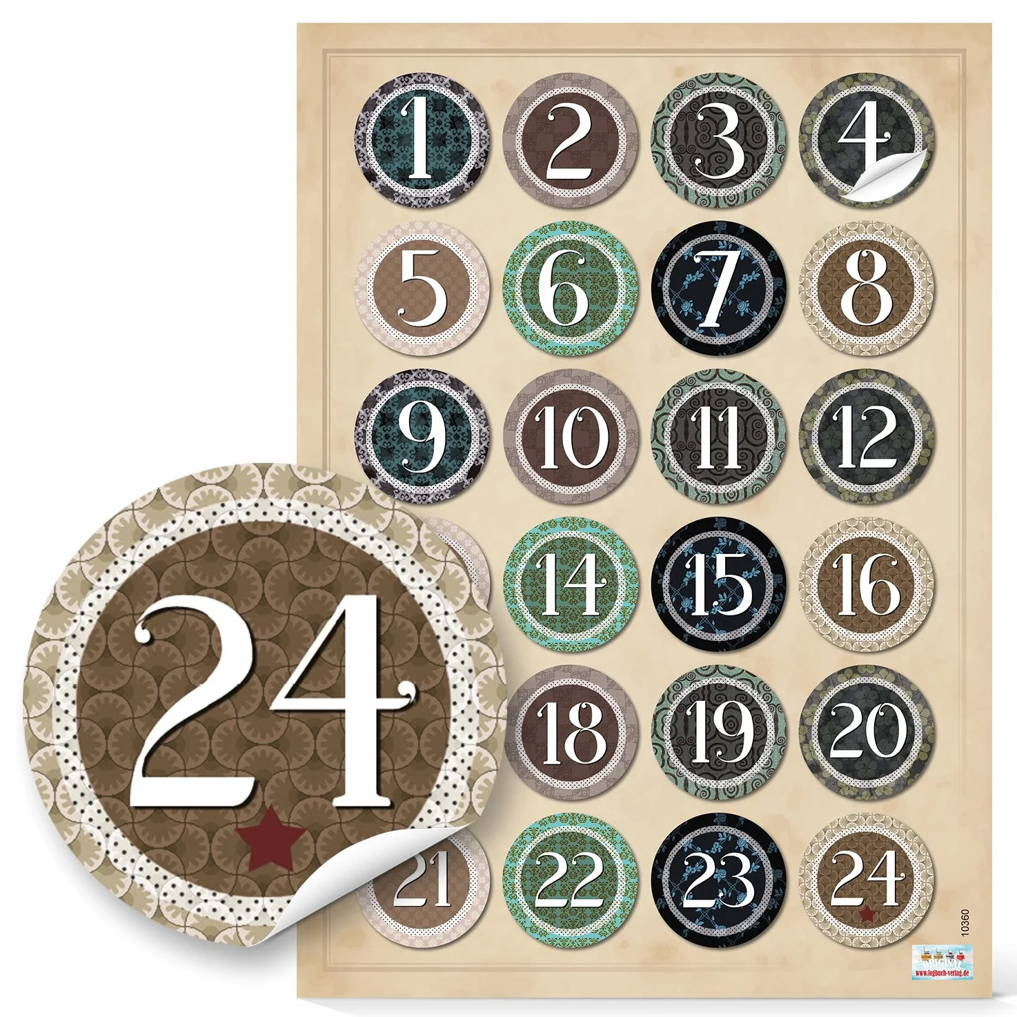 2 x 24 cyfry do kalendarza adwentowego Vintage do majsterkowania, nalepki, naklejki, kalendarz adwentowy, cyfry 4 cm, beżowe, zielone, czarne, naturalne, etykiety na Boże Narodzenie, 1 do 24 torebek papierowych