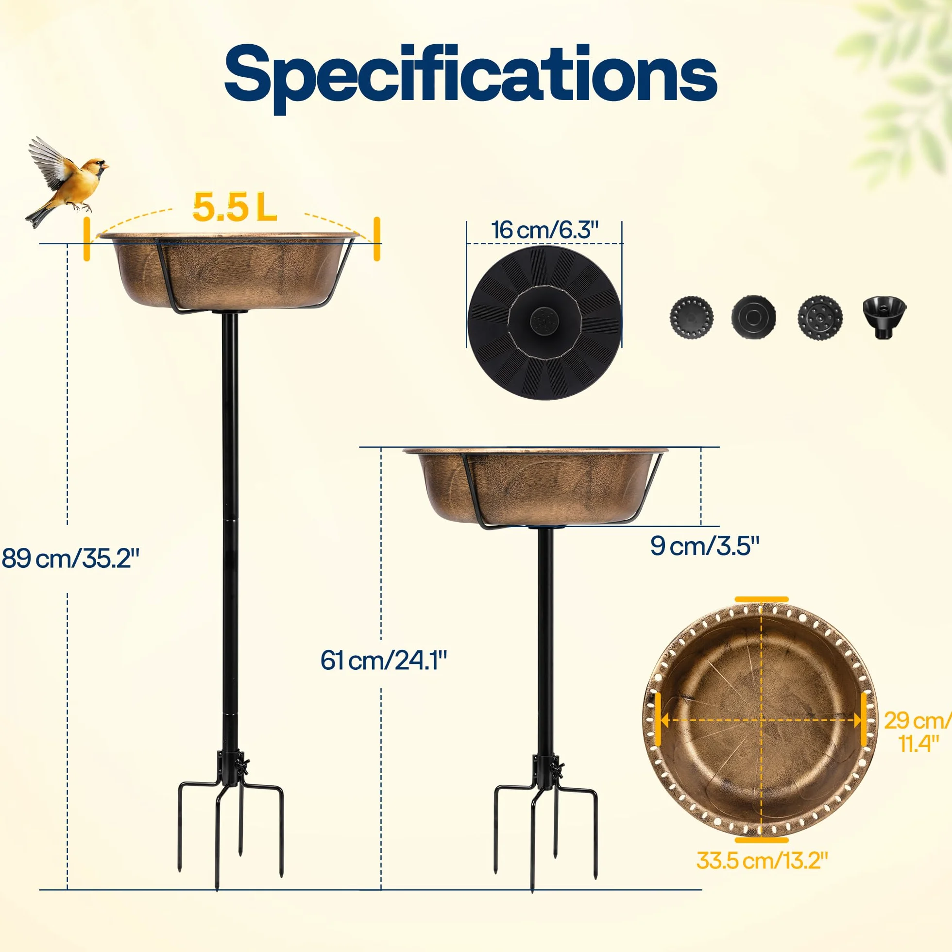 VIVOHOME Fontanna solarna do kąpieli ptaków 74 cm z poliresinu z metalowym trzonkiem