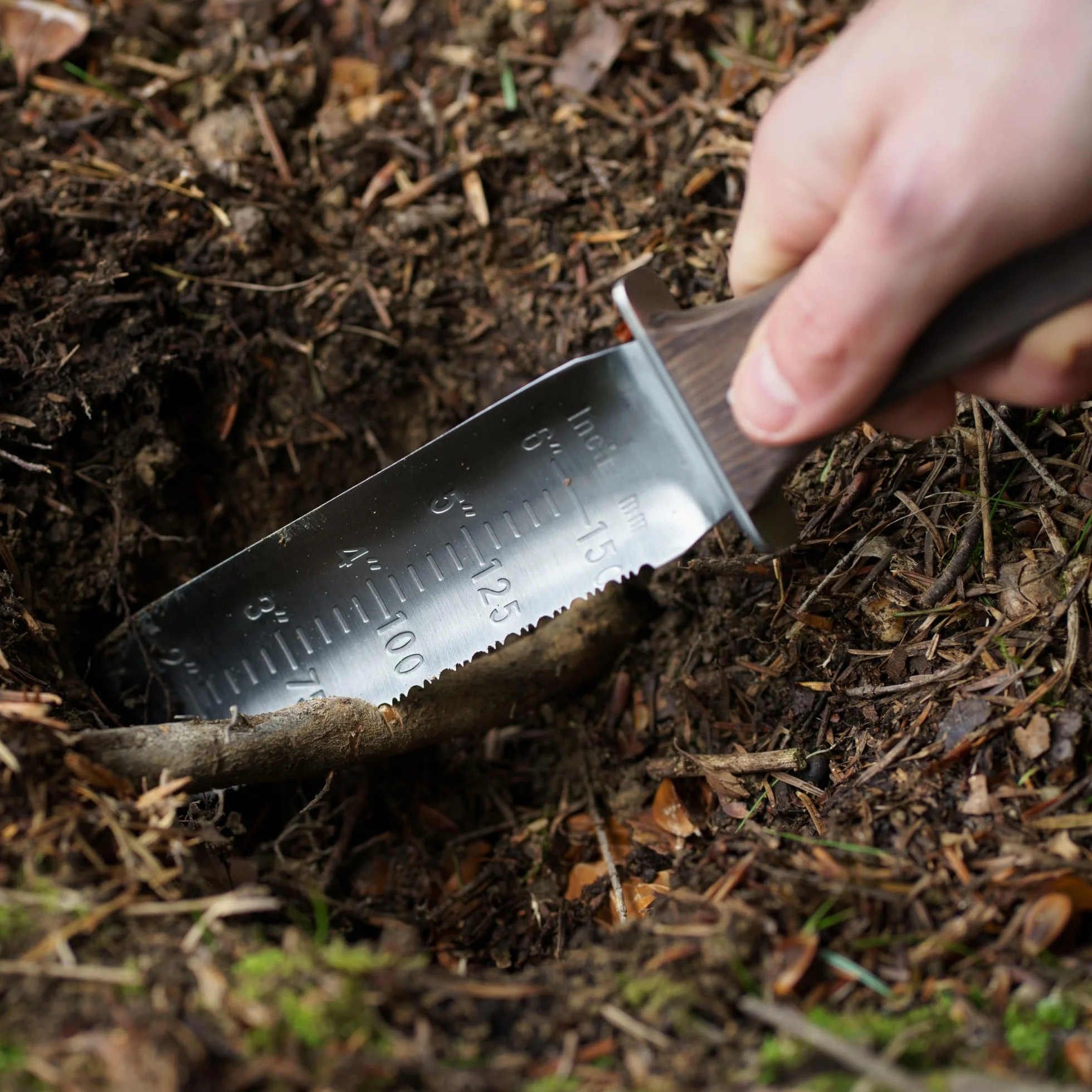 Digger – nierdzewna nożołopatka saperka do wykrywacza metalu, nóż ogrodowy (z uchwytem z drewna wenge i kaburą z cordury)
