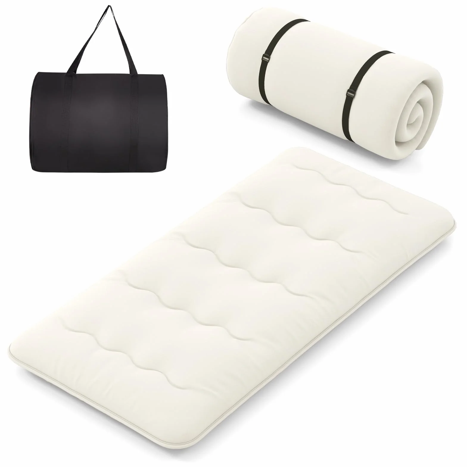 COSTWAY Japoński materac futon, mata tatami, materac podłogowy, składany materac z poszewką nadającą się do prania, składana mata do spania z torbą do noszenia, beżowy, 90 x 200 cm