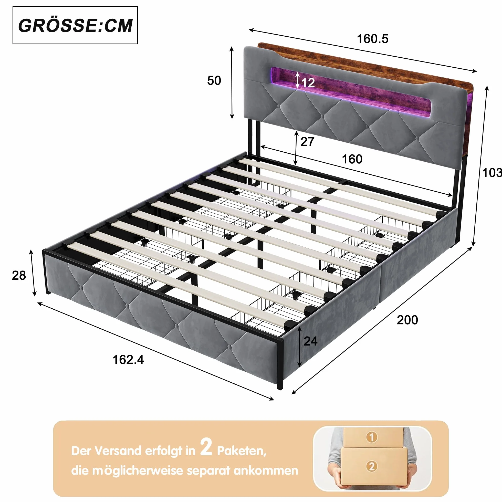 CDQL Łóżko tapicerowane podwójne 160 x 200 cm z 4 szufladami, łóżko młodzieżowe ze złączem USB i oświetleniem LED, zagłówek ze schowkiem, łóżko dla gości, łóżko funkcyjne, aksamit, szare