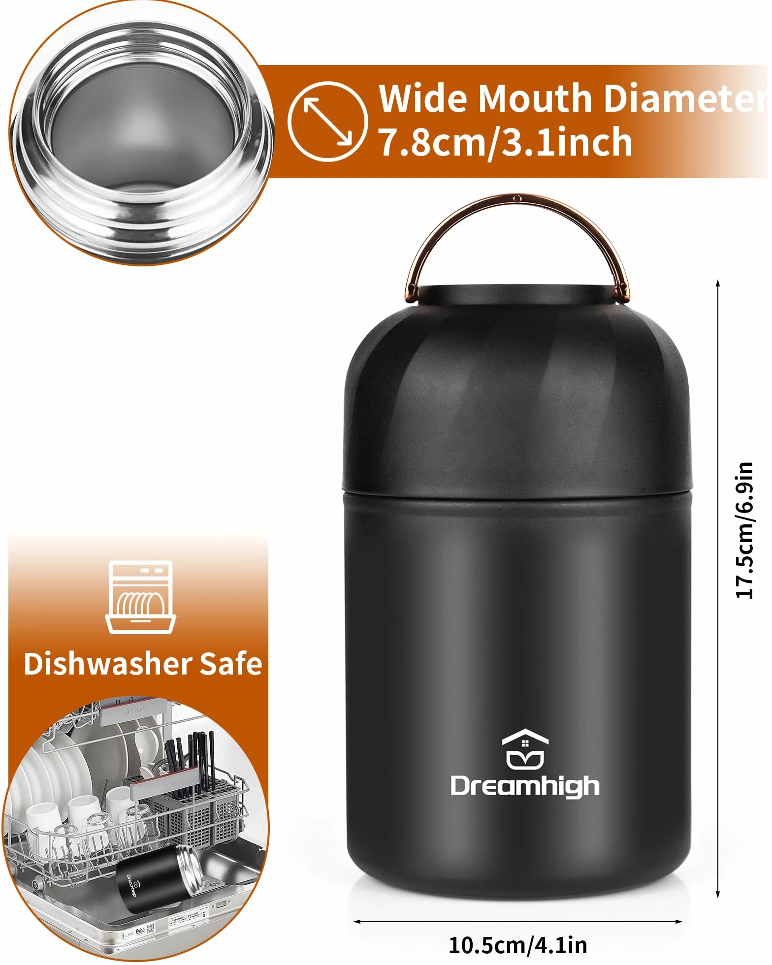 Dreamhigh® Pojemnik termiczny na żywność, 850 ml, ze stali nierdzewnej, z uchwytem, termos do jedzenia, szczelny, w zestawie łyżka, 12 godzin gorąca, zimno przez 12 godzin (czarny)