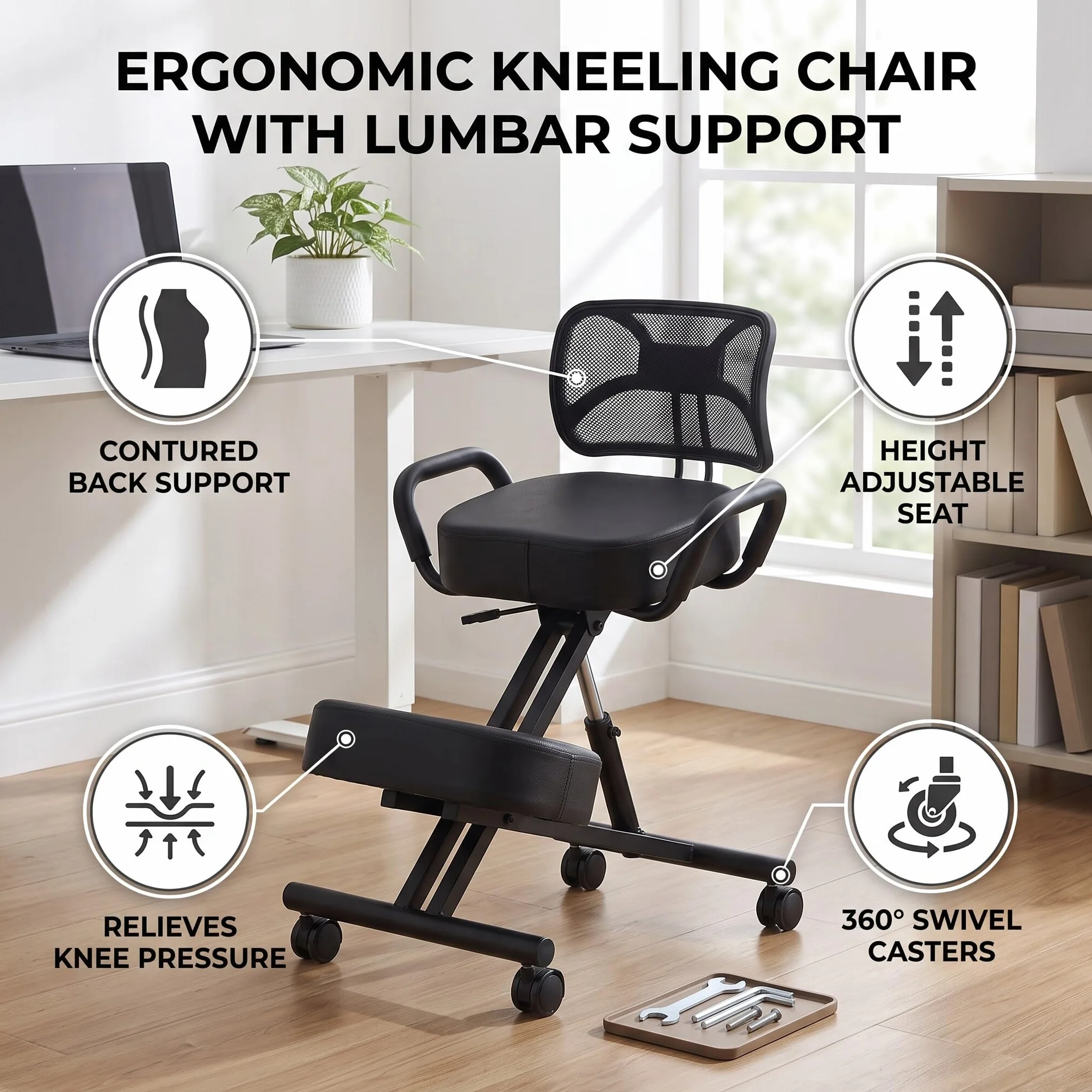 Krzesło Klęczące, Ergonomiczne Krzesło Klęczące, Regulowane Krzesło Poprawiające Postawę z Kółkami i Podparciem Pleców, Ergonomiczne Krzesło do Biur Domowych Sala Konferencyjna