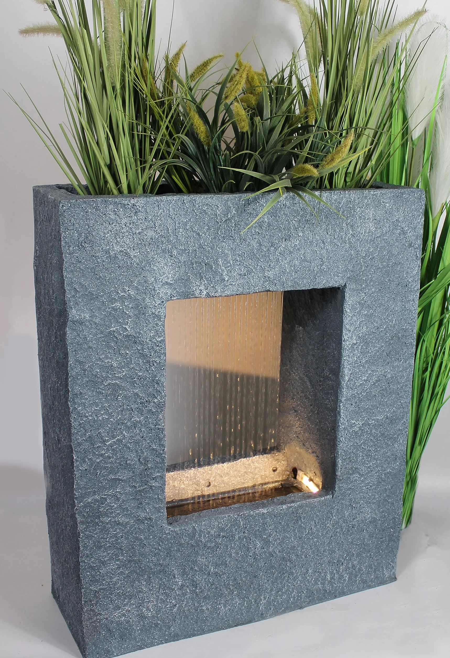 Fontanna ogrodowa z oświetleniem LED 65x53 cm fontanna pokojowa fontanna wygląd kamienia deszcz wodospad prostokątna ciepłobiała fontanna ogrodowa dekoracja ogrodowa