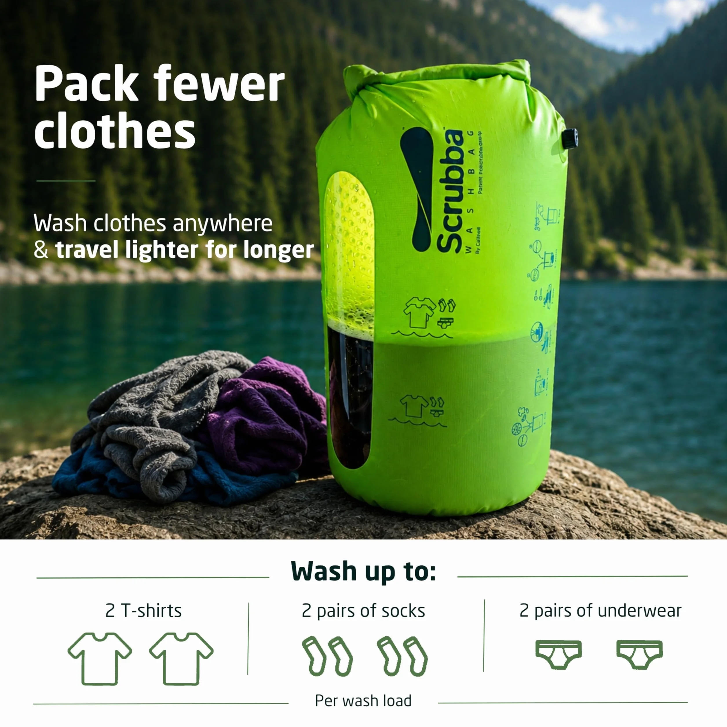 Scrubba Toplader Wash Bag 2.0 – pralka kempingowa – torba na pranie i worek do prania, zielona