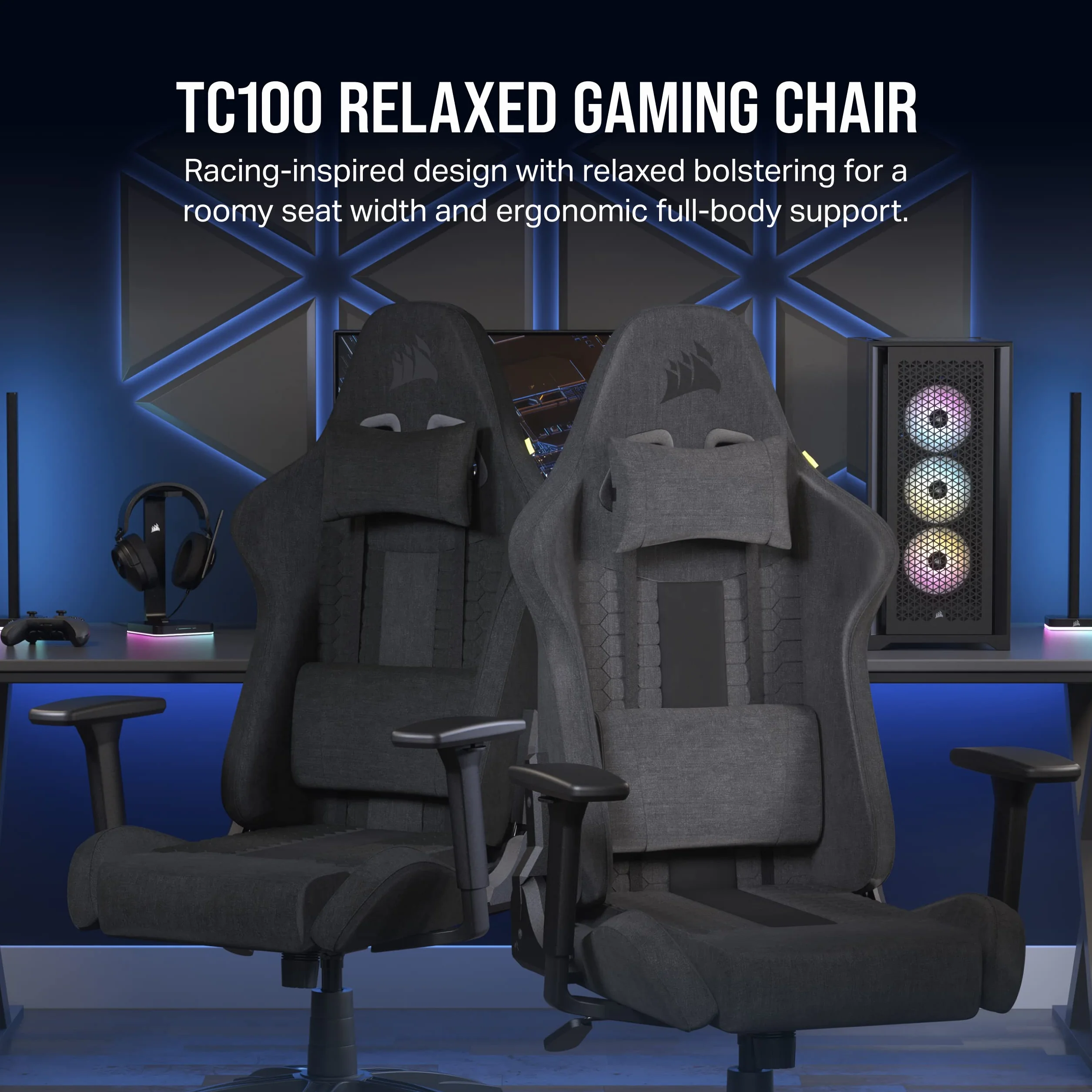 Corsair TC100 Relaxed Fotel do gier - tkanina - design inspirowany sportami motorowymi - poduszka lędźwiowa - odpinana poduszka na kartkę z pianki memory - czarny
