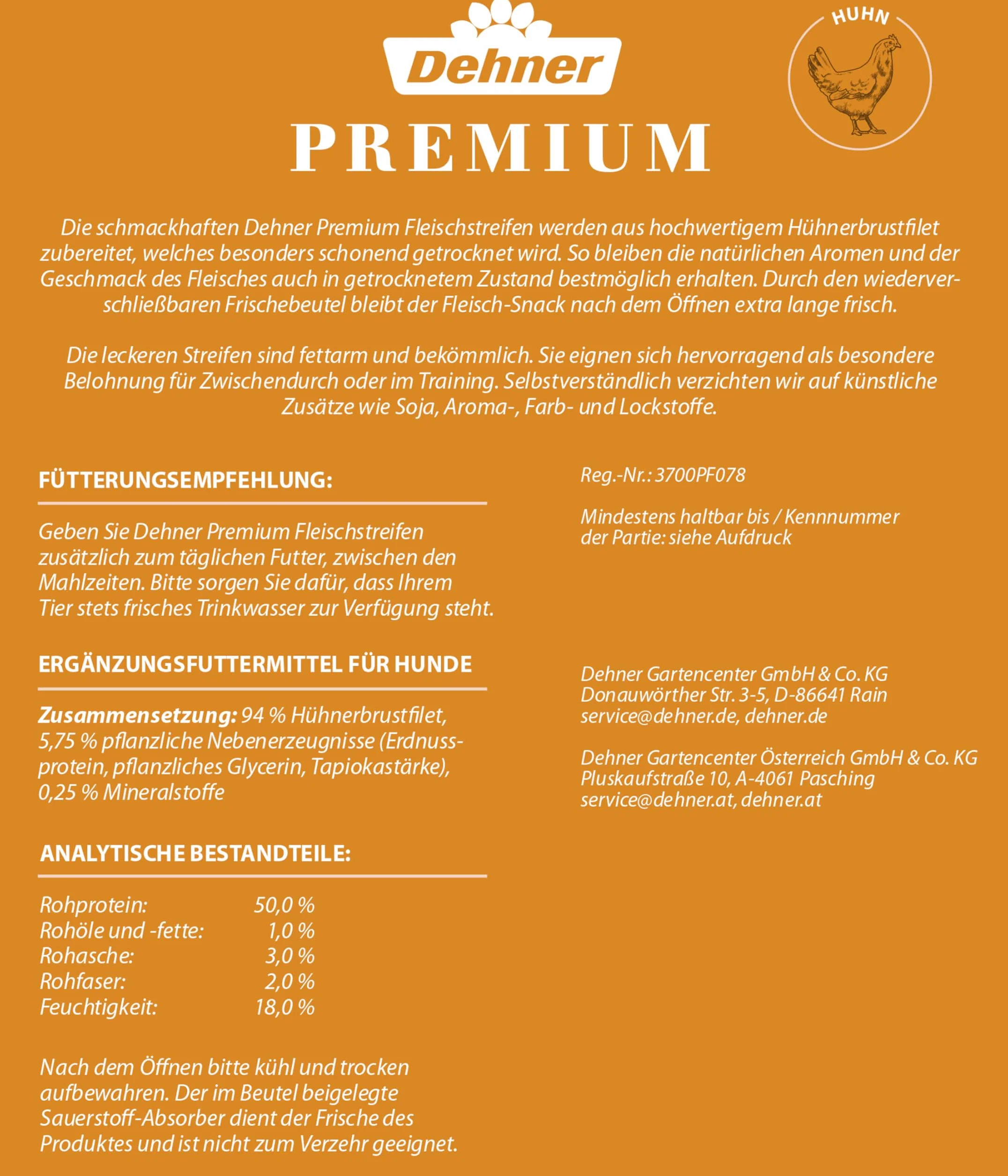 Dehner Premium Przekąska dla psa, filet z piersi kurczaka w paskach, 500 g