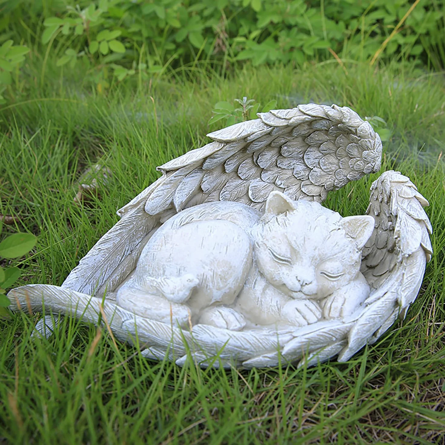 Shirene Kamień pamiątkowy dla aniołka kota, statuetka anioła, kamień pamiątkowy z kotami i skrzydłami anioła, rzeźba śpiącego kota, do użytku na zewnątrz i wewnątrz, na taras, balkon, do ogrodu