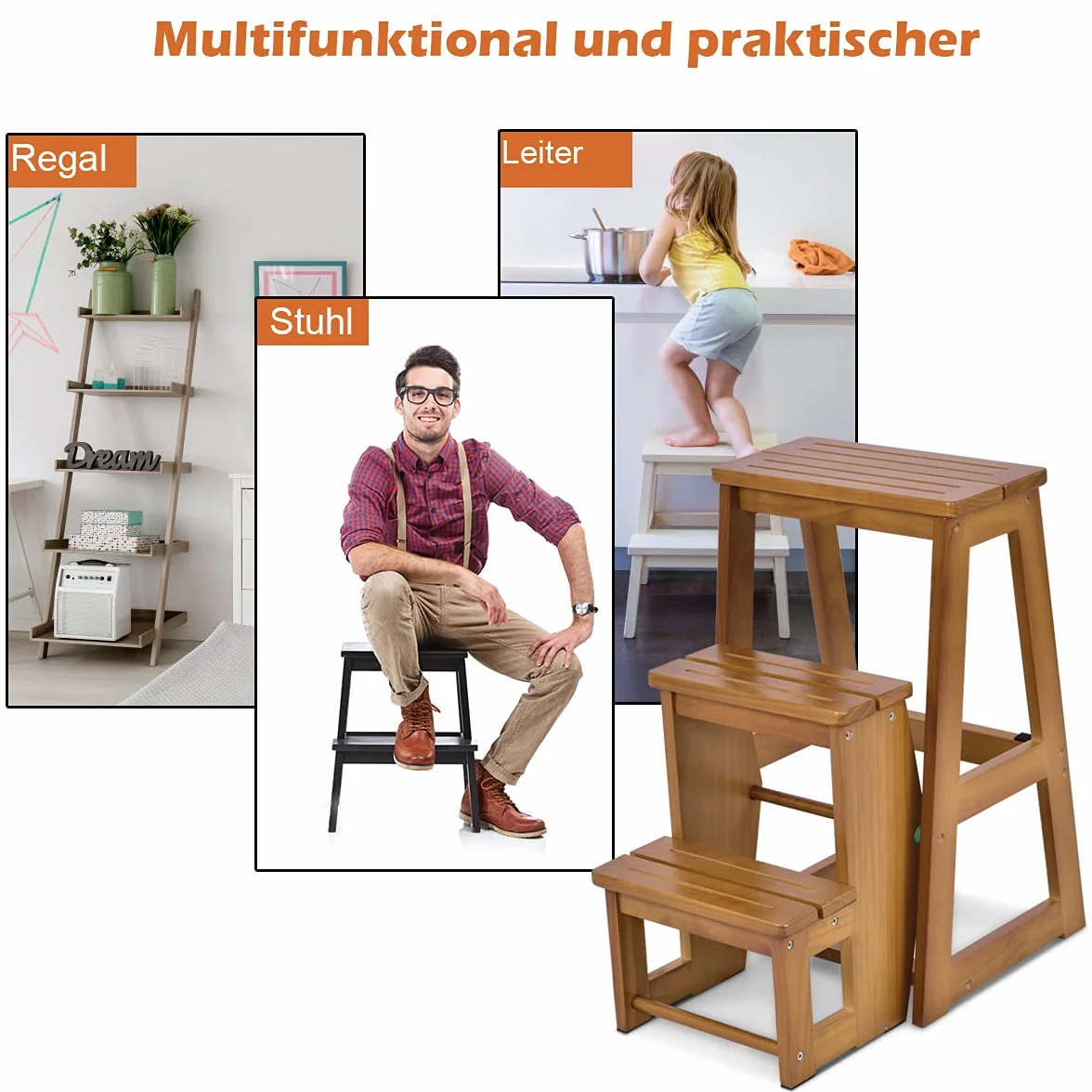 COSTWAY Drabinka taboret, 3 stopnie, krzesło drabinowe, składane krzesło do 150 kg, wysokość 66 cm, drabina z litego drewna, drabina do gospodarstwa domowego, pomoc przy wchodzeniu dla konia (natur)