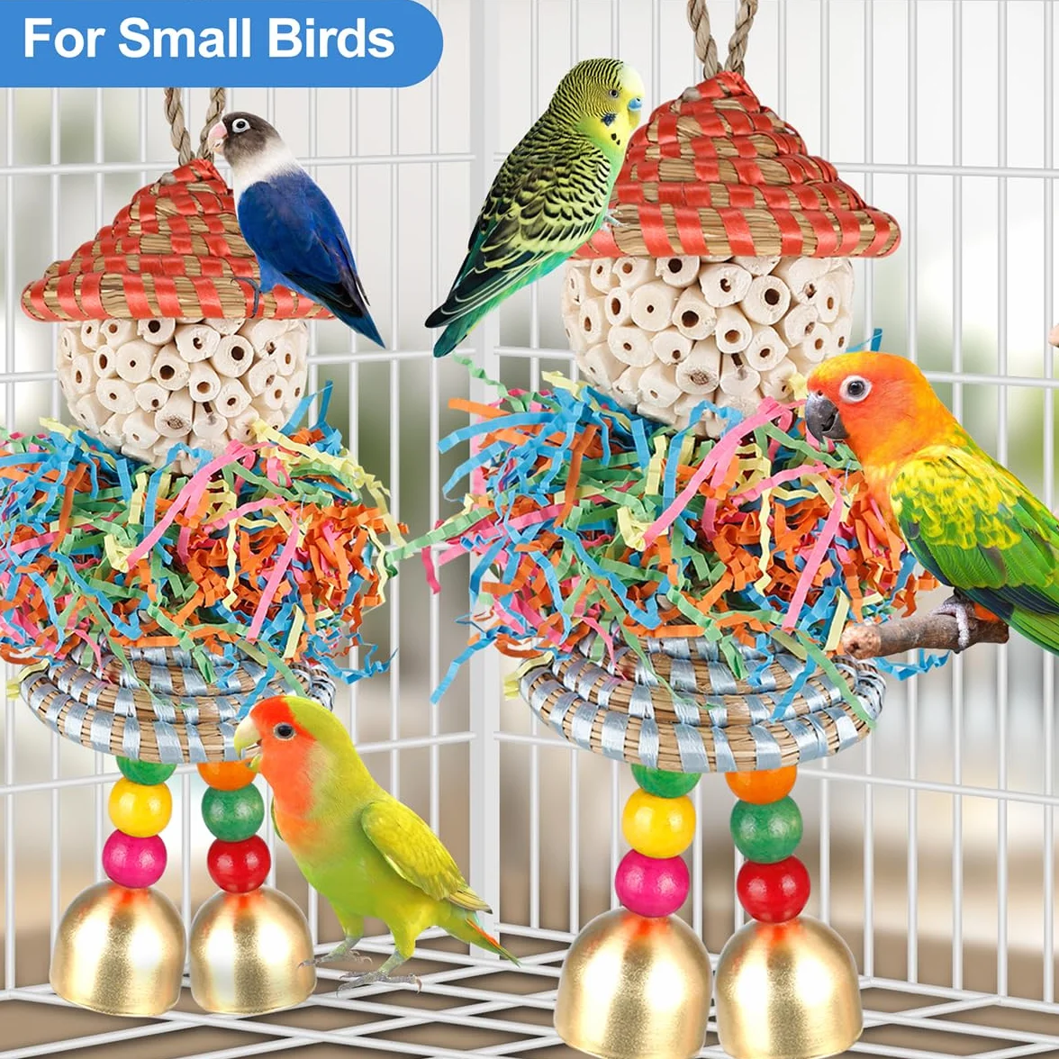 Conure Zabawki, 2 szt., zabawki dla ptaków, niszczarka do żerowania, wiszące zabawki, kulki sola z dzwonkiem, dla małych papug, papug, kakadu, konury, ptaków, budgie, klatka (duży kapelusz) (kolorowe