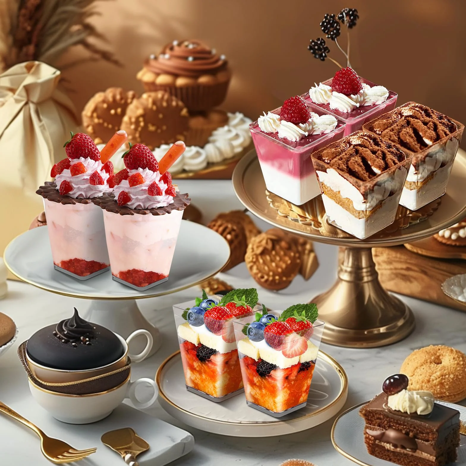 50 sztuk szklanek deserowych z tworzywa sztucznego, kubki deserowe wielokrotnego użytku, kubki deserowe z tworzywa sztucznego, 5 oz/160 ml, z łyżeczkami, przezroczyste miseczki deserowe na