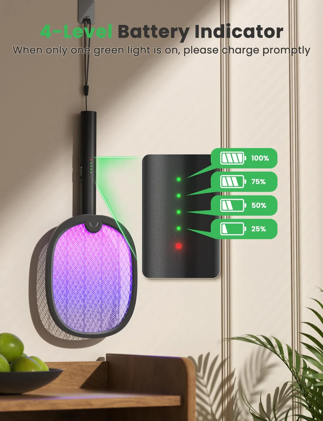 YISSVIC Elektryczna łapka na muchy, ekstra mocna, 4000 V, 1800 mAh, 2 w 1, USB-C do ponownego ładowania, składana, elektryczna łapka na komary z padającym światłem UV,czarny