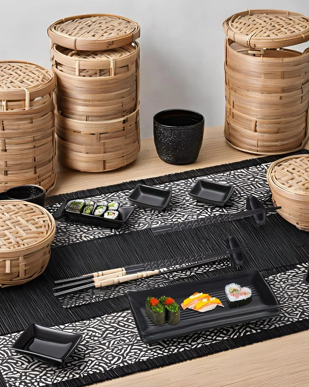 Talerz do sushi z miseczkami do dipów, japońskie talerze do sushi, zestaw naczyń z 2 parami pałeczek + 2 półki na pałeczki + 2 talerze + 2 talerze do dipet, czarny