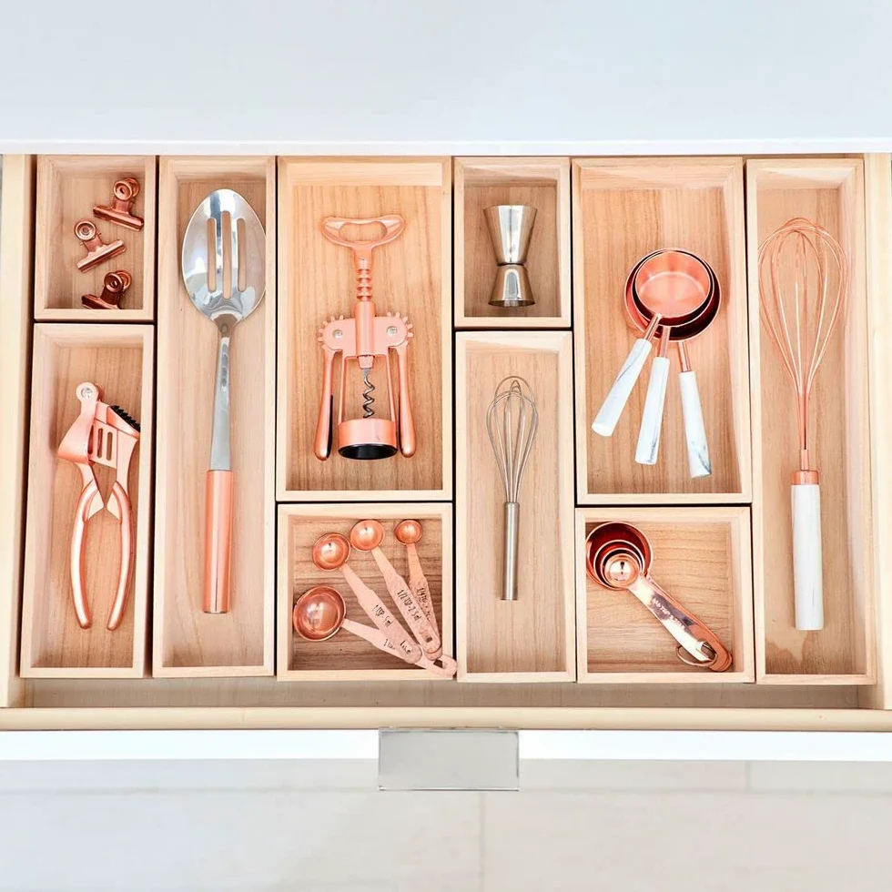 iDesign EcoWood Organizer do szuflad, drewniana wkładka do szuflady kuchennej, organizer do szuflad kuchennych na sztućce i przybory, beżowy, 12,7 x 8,5 x 6,9 cm