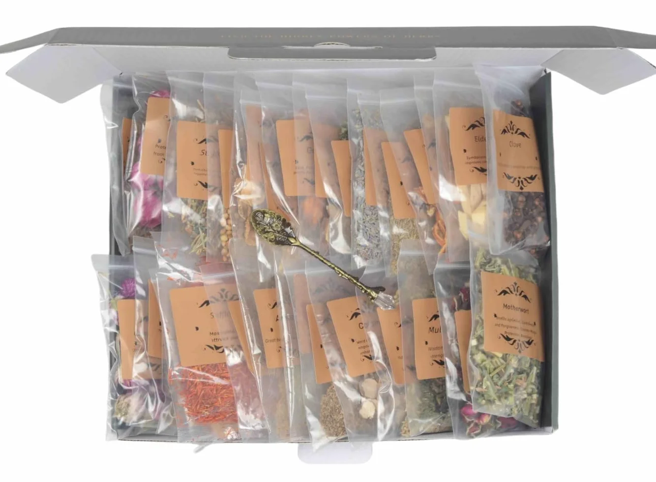 Magical Herbal Zestaw 30 suszonych ziół w torebkach z etykietami Kryształowe łyżki do rytuałów wicca, oczyszczania energii, zaklęć, duchowego uzdrawiania, tworzenia świec