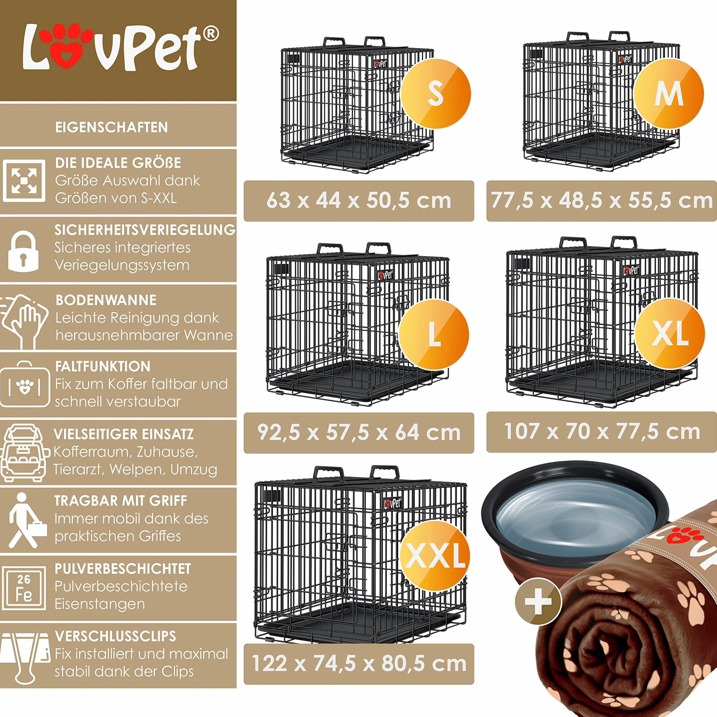 Lovpet® Składana klatka dla psów z polarowym kocem + miską dla psa z 2 drzwiami, skrzynia transportowa do samochodu, transporter zwierząt z misą dna, 77,5 x 48,5 x 55,5 cm, rozmiar M, czarna