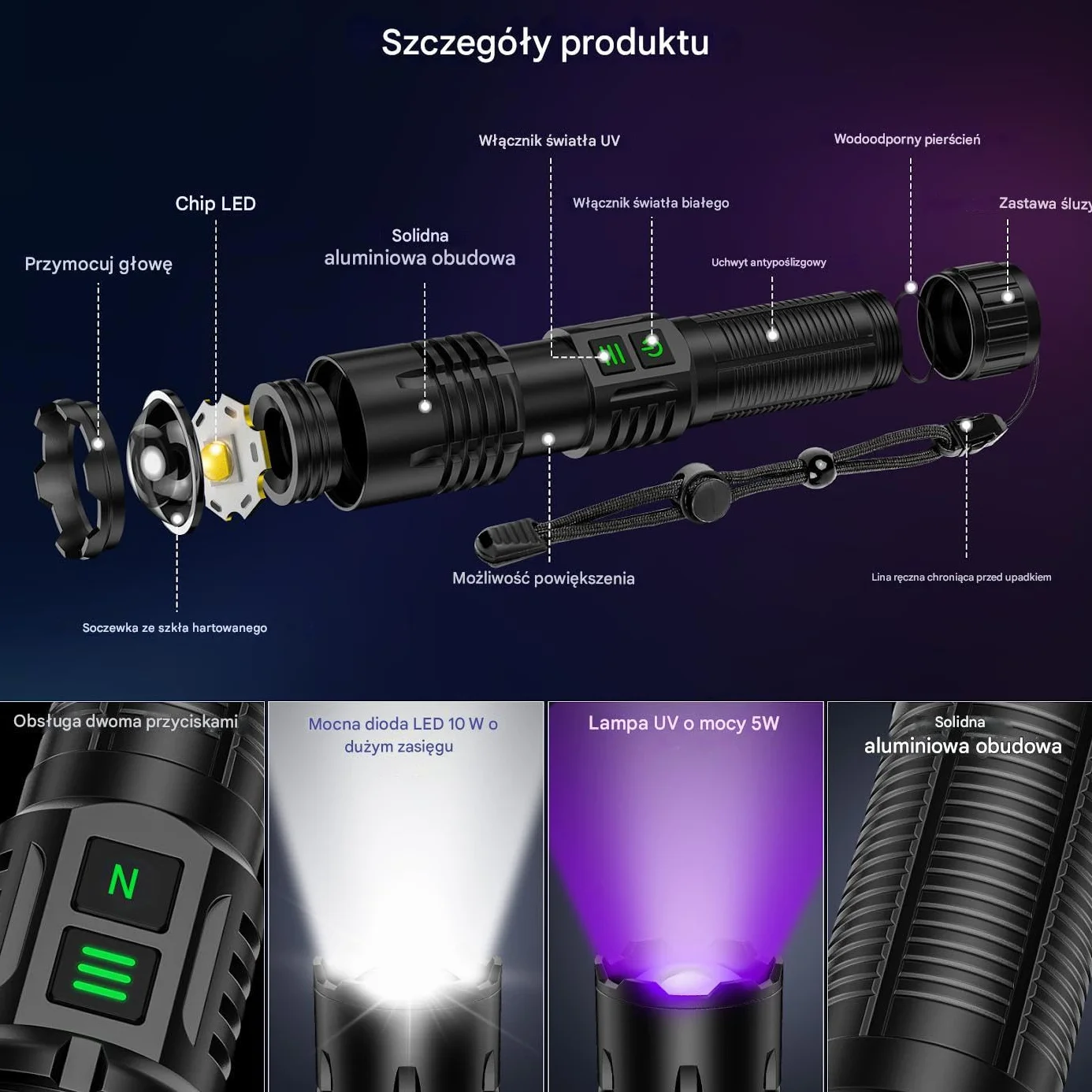Latarka LED z UV 395nm 2w1, Doładowywana, Ekstremalnie Jasna, Długa żywotność baterii, wodoodporna, z zoomem, 6 trybów światła ultrafioletowego/czarnego do outdooru, wykrywania moczu zwierząt