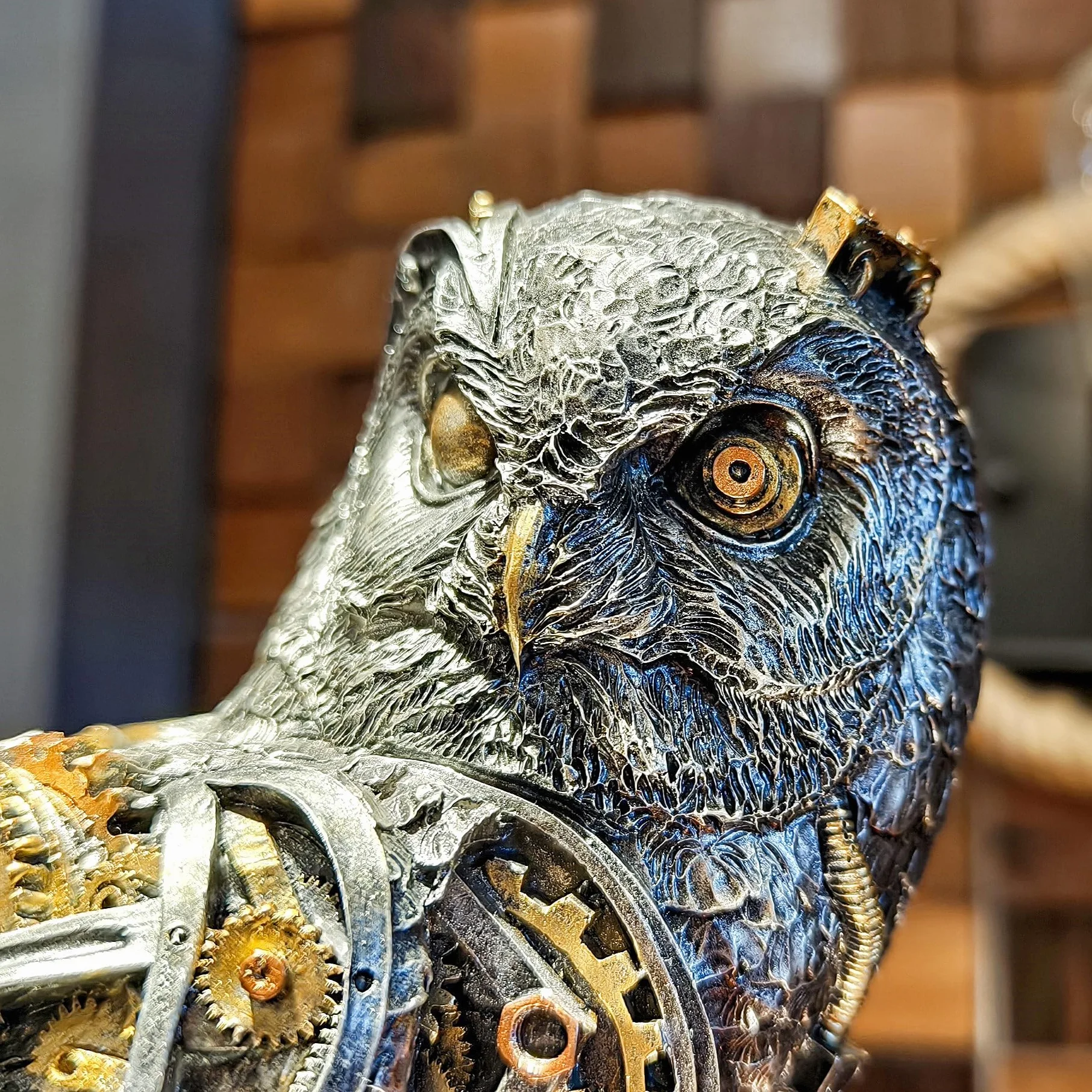 OUTOUR Steampunk Sowa Statua 39 cm H Metaliczny Srebrny Złoty Gotycki Kolekcjonerska Figurka Zwierząt Mądrość Prezent Sowa Rzeźba Dom Biuro Wystrój Salon Blat Wyświetlacz