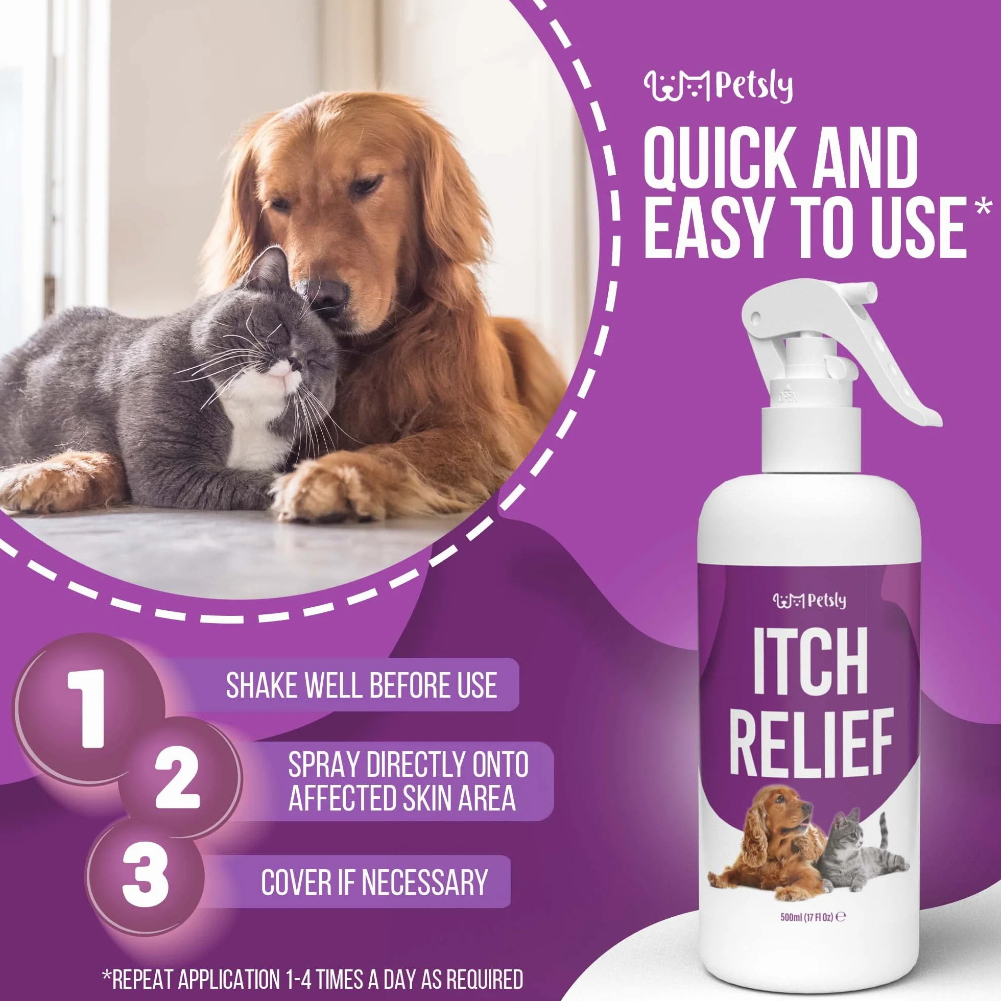 Petsly Anti Itch Spray pielęgnacyjny dla psów i kotów na swędzącą skórę zwierząt - odżywczy aloes jako środek przeciw swędzeniu u kotów, łagodzi swędzenie u psów, spray dla kotów + psów [500ml].