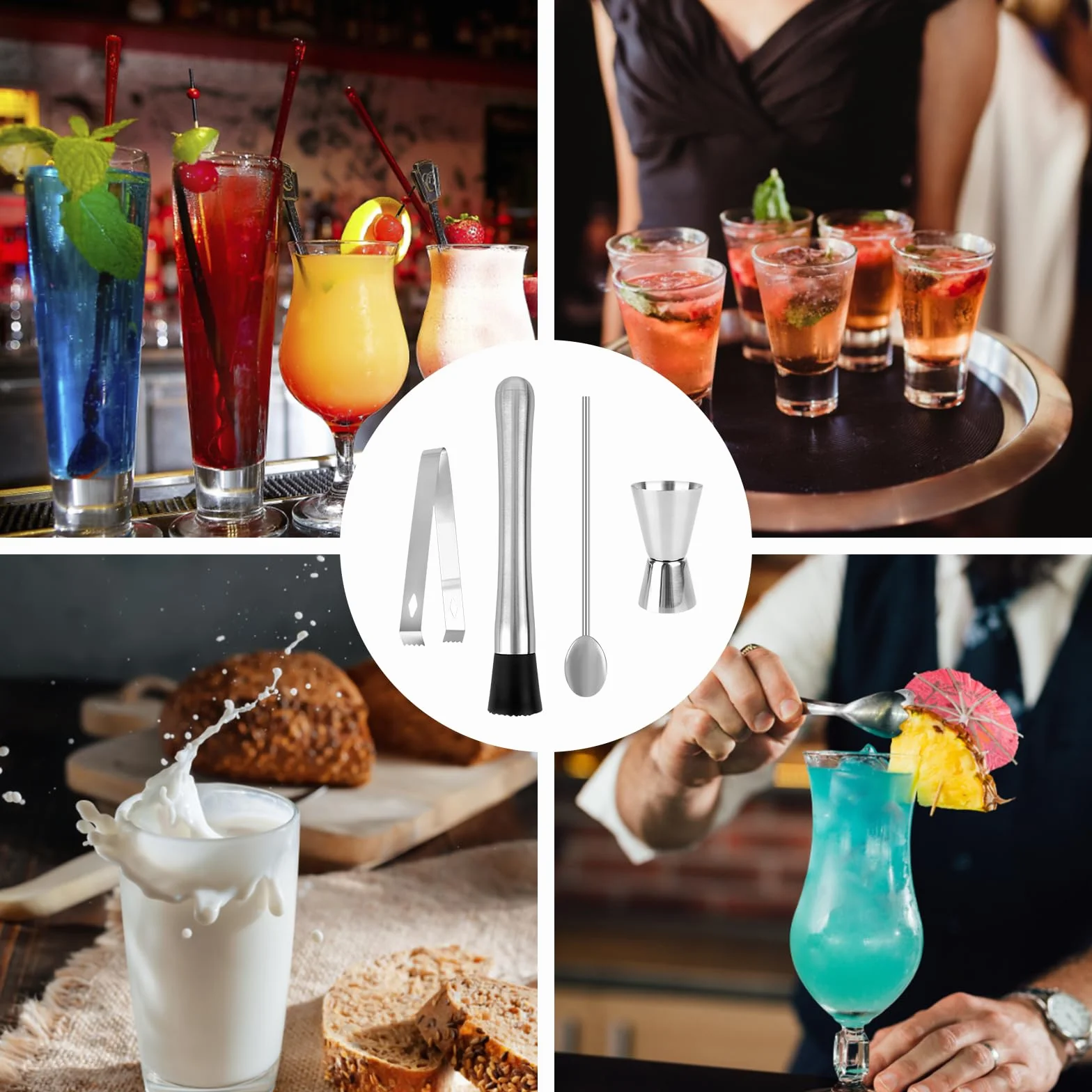 Tłuczki do koktajli z stali nierdzewnej, łyżeczka koktajlowa, ubijak Mojito, kruszarka do lodu, shaker z miarką, akcesoria barowe