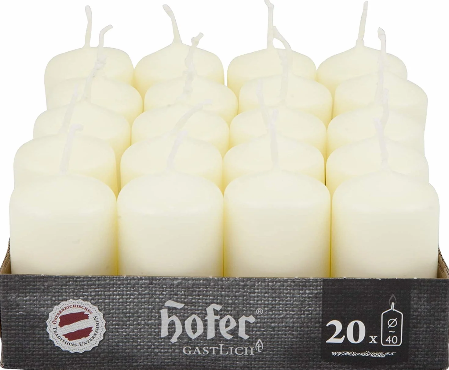 Hofer Świece filarowe w kolorze kości słoniowej, zestaw 20 dekoracyjnych małych świec, 4 x 7 cm, palenie przez 11 godzin, bezzapachowe, bez kapania, bezdymne, jakość RAL