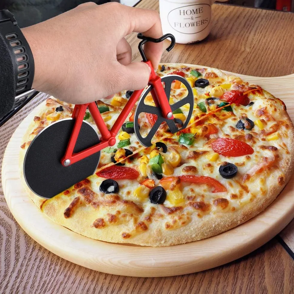 Krajalnice do pizzy, krajalnica do pizzy do roweru, profesjonalne ostrze do pizzy, podwójna stal nierdzewna, super ostre ostrza z powłoką nieprzywierającą, zabawna krótka pizza, czerwony